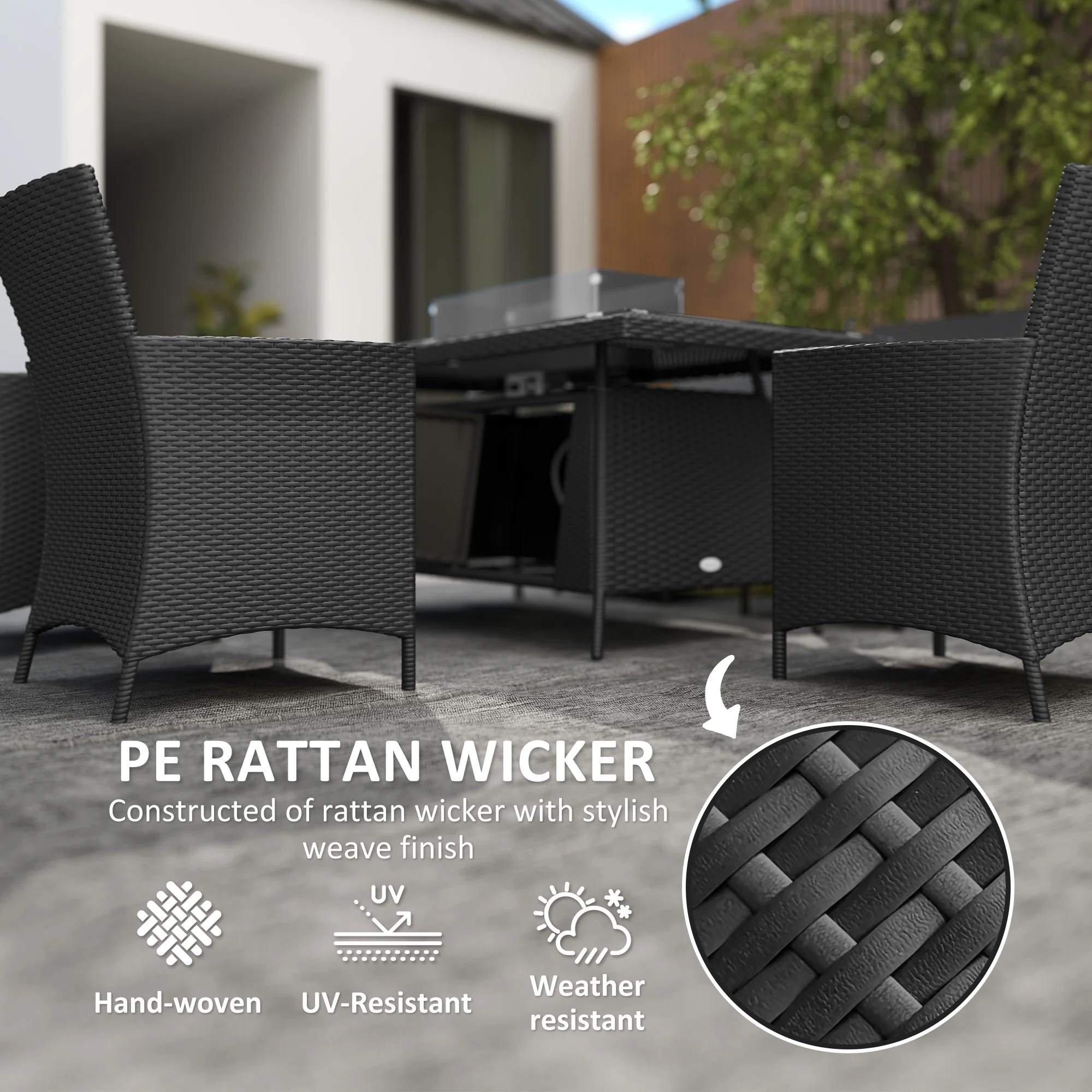 Outsunny Rattan Dining Set With Fire Pit Table And Armchairs, Black - Image 3