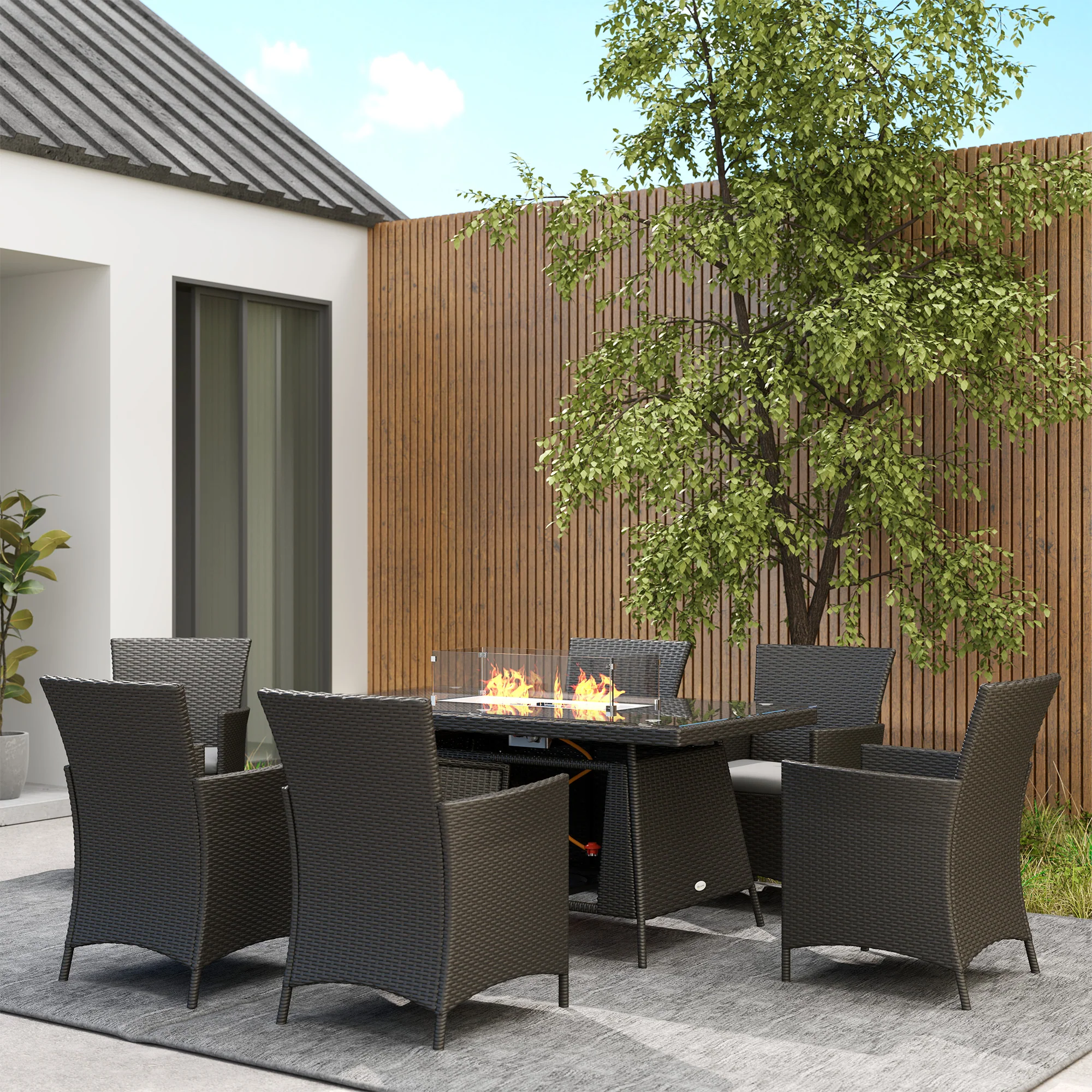 Outsunny Rattan Dining Set With Fire Pit Table And Armchairs, Black - Image 9