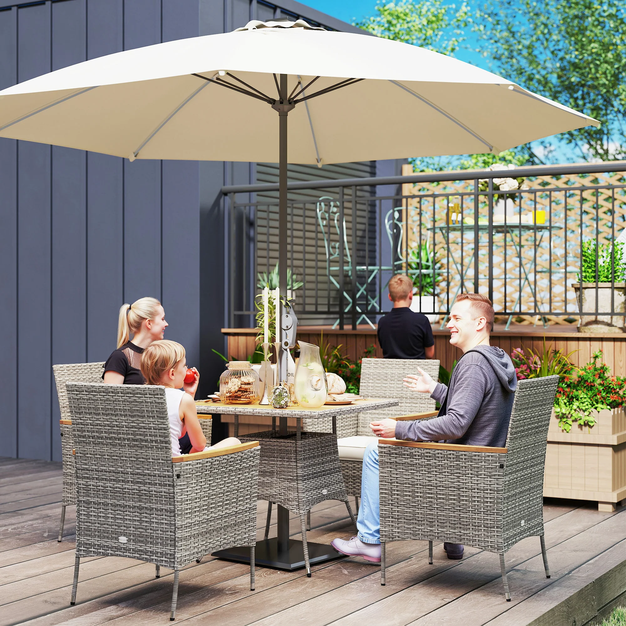 Outsunny Rattan Dining Set with Parasol Hole, Garden Table and Chairs - Image 11
