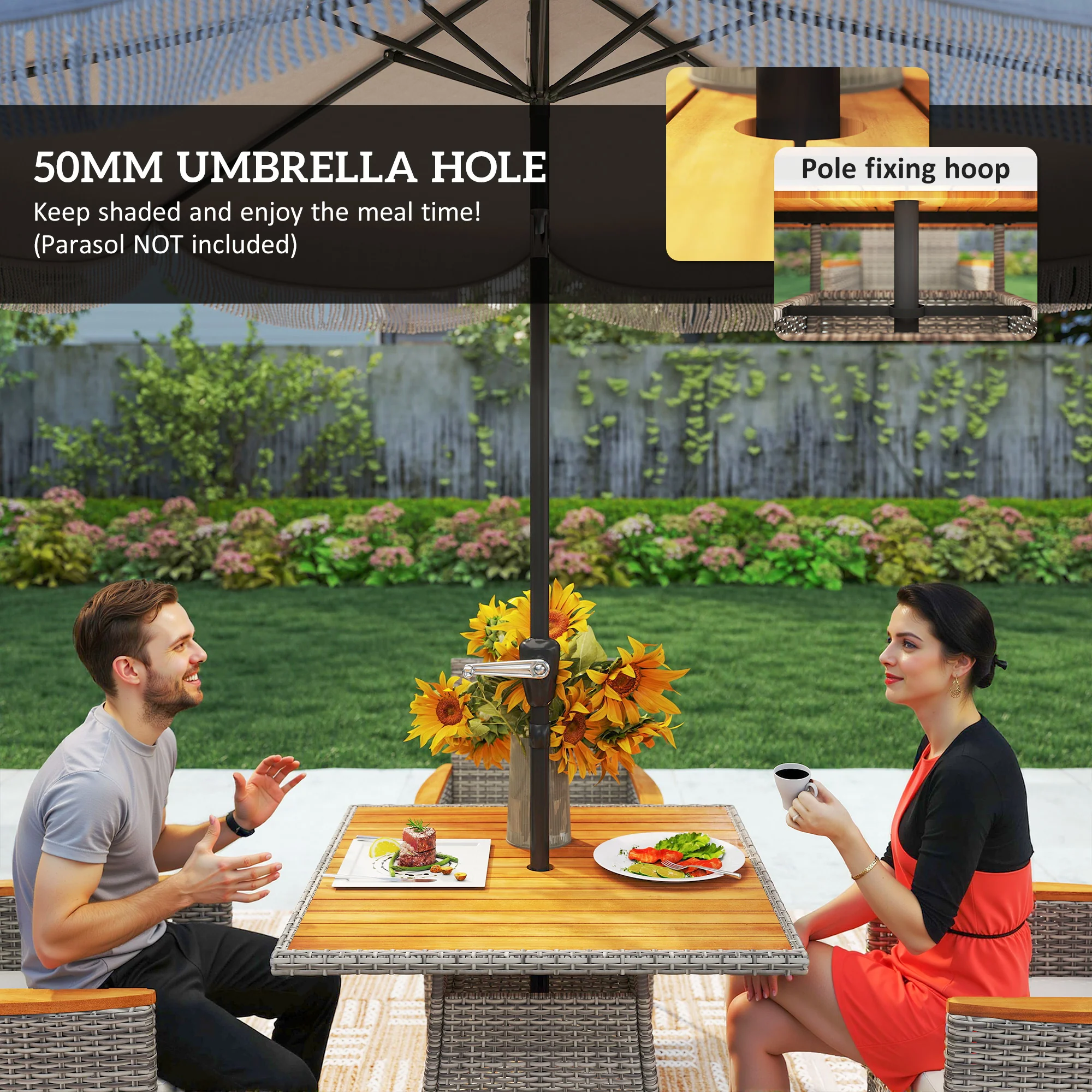 Outsunny Rattan Dining Set with Parasol Hole, Garden Table and Chairs - Image 13