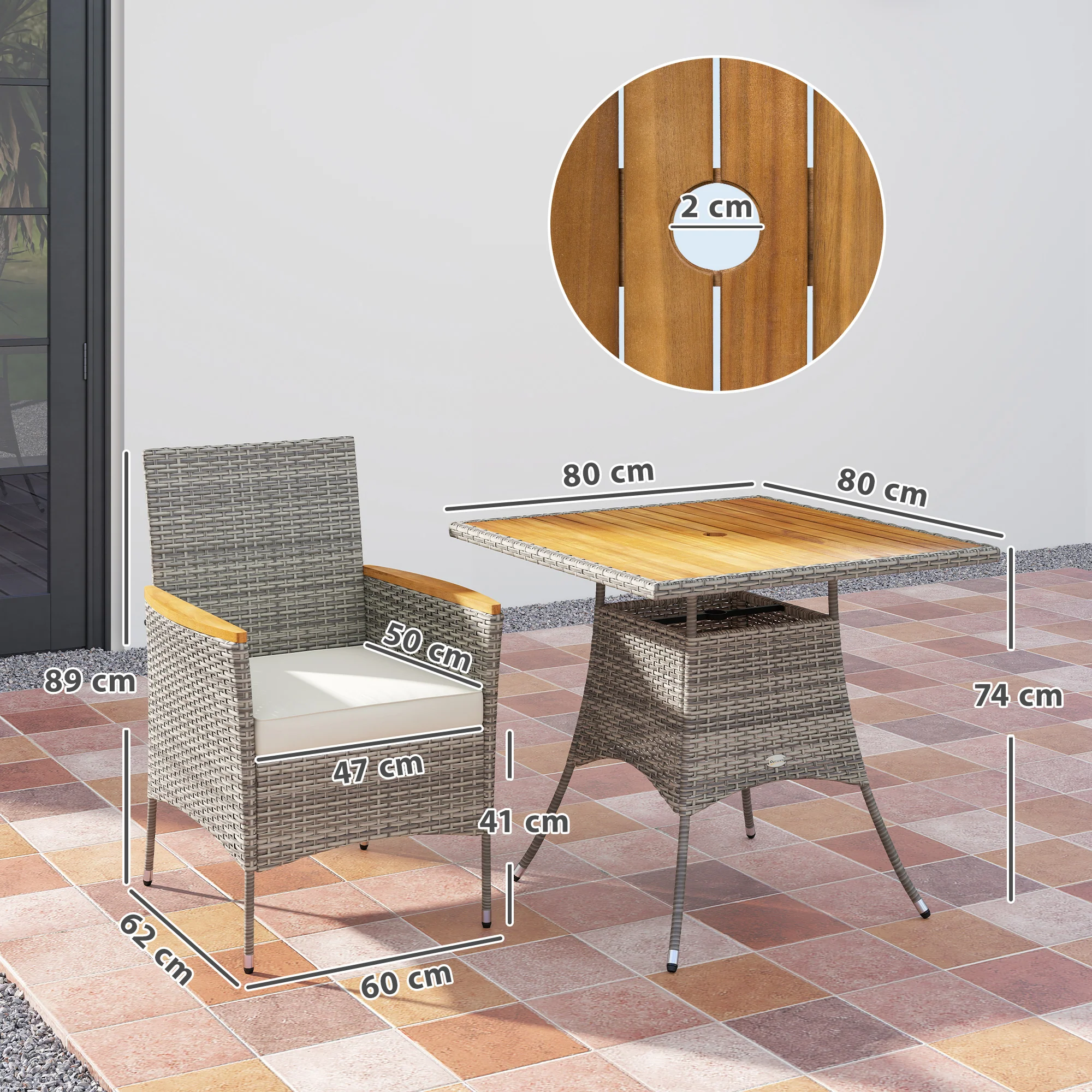 Outsunny Rattan Dining Set with Parasol Hole, Garden Table and Chairs - Image 14