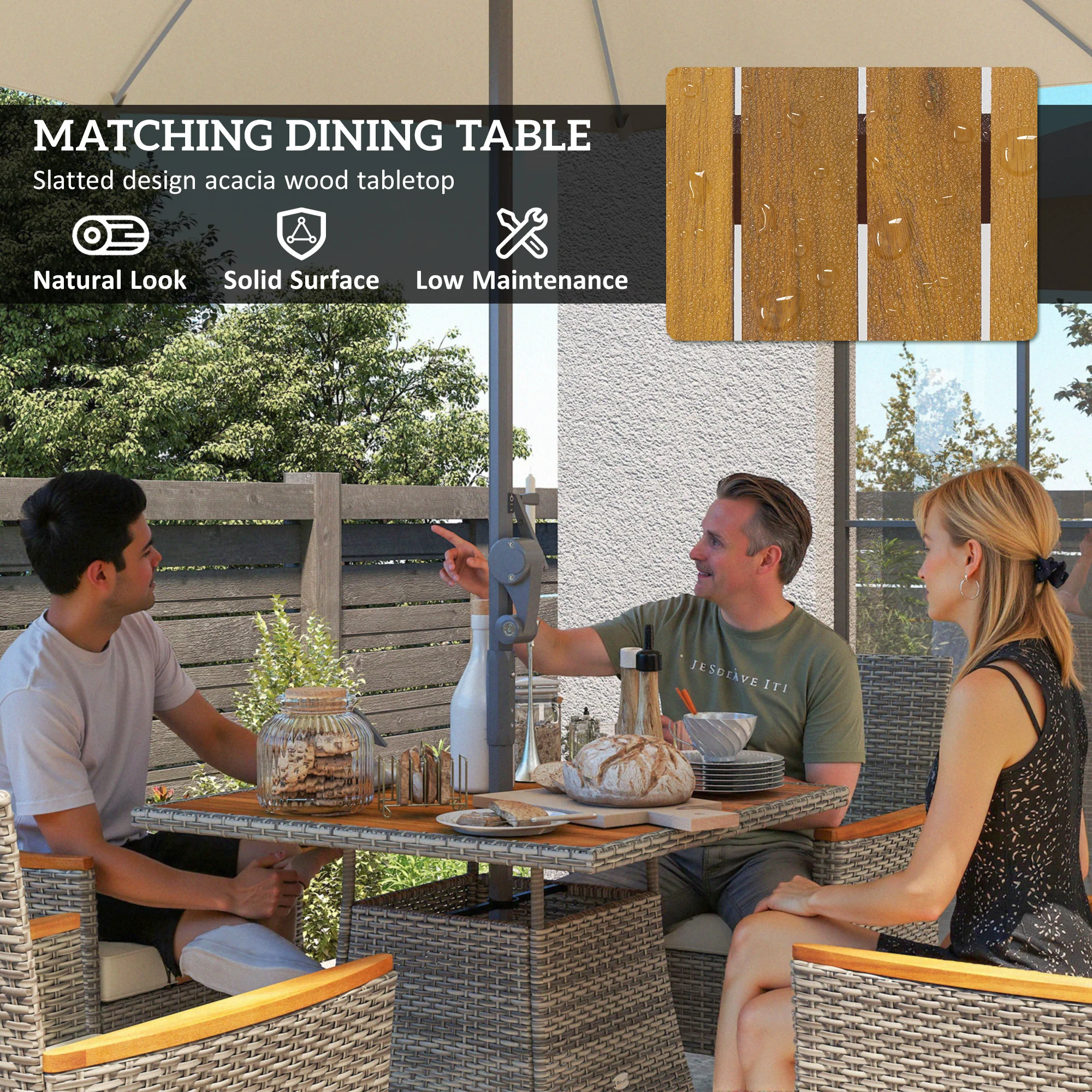 Outsunny Rattan Dining Set with Parasol Hole, Garden Table and Chairs - Image 15