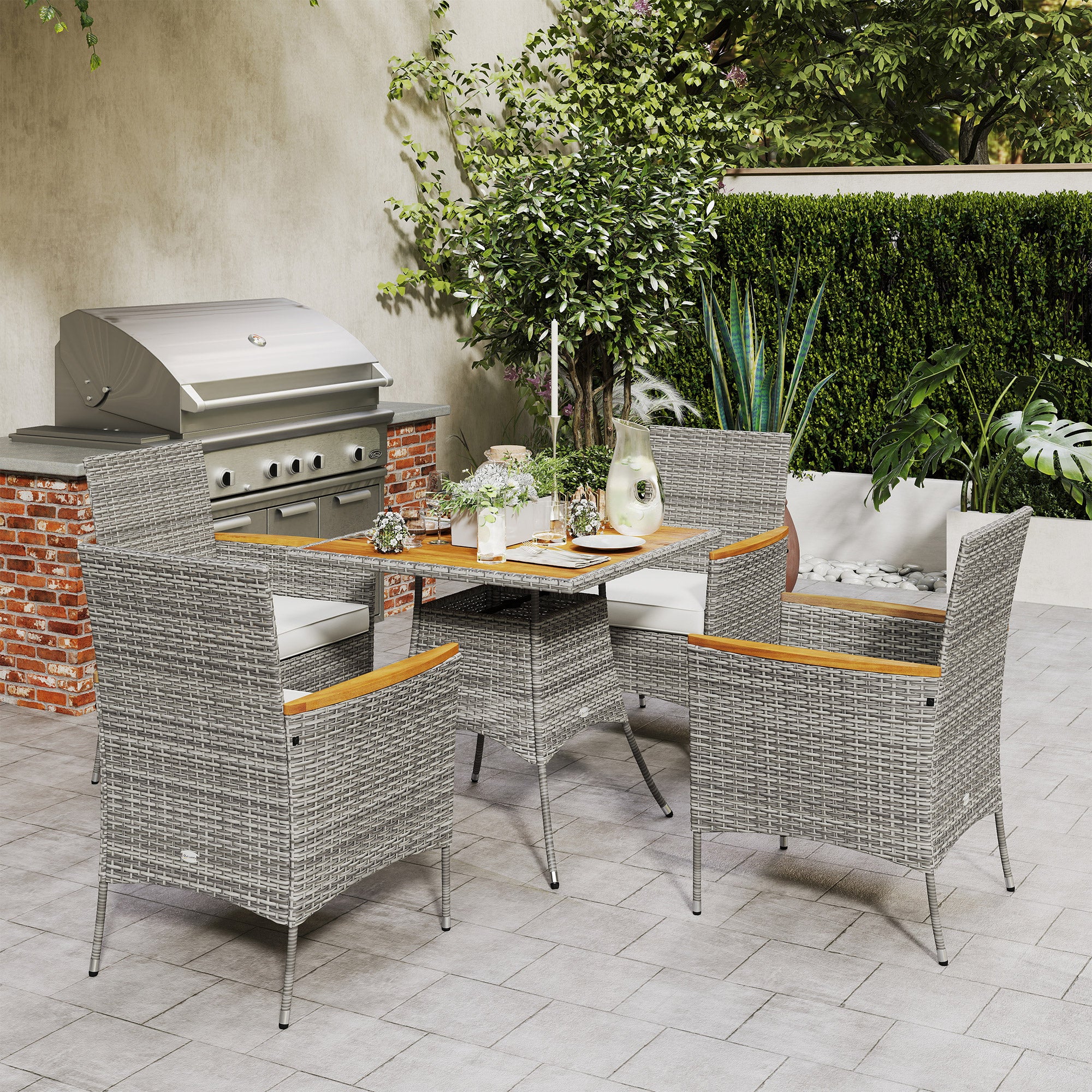 Outsunny Rattan Dining Set with Parasol Hole, Garden Table and Chairs - Image 18
