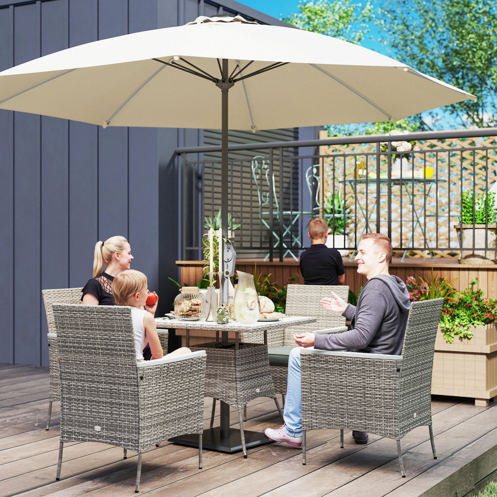 Outsunny Rattan Dining Set with Parasol Hole, Garden Table and Chairs - Image 2