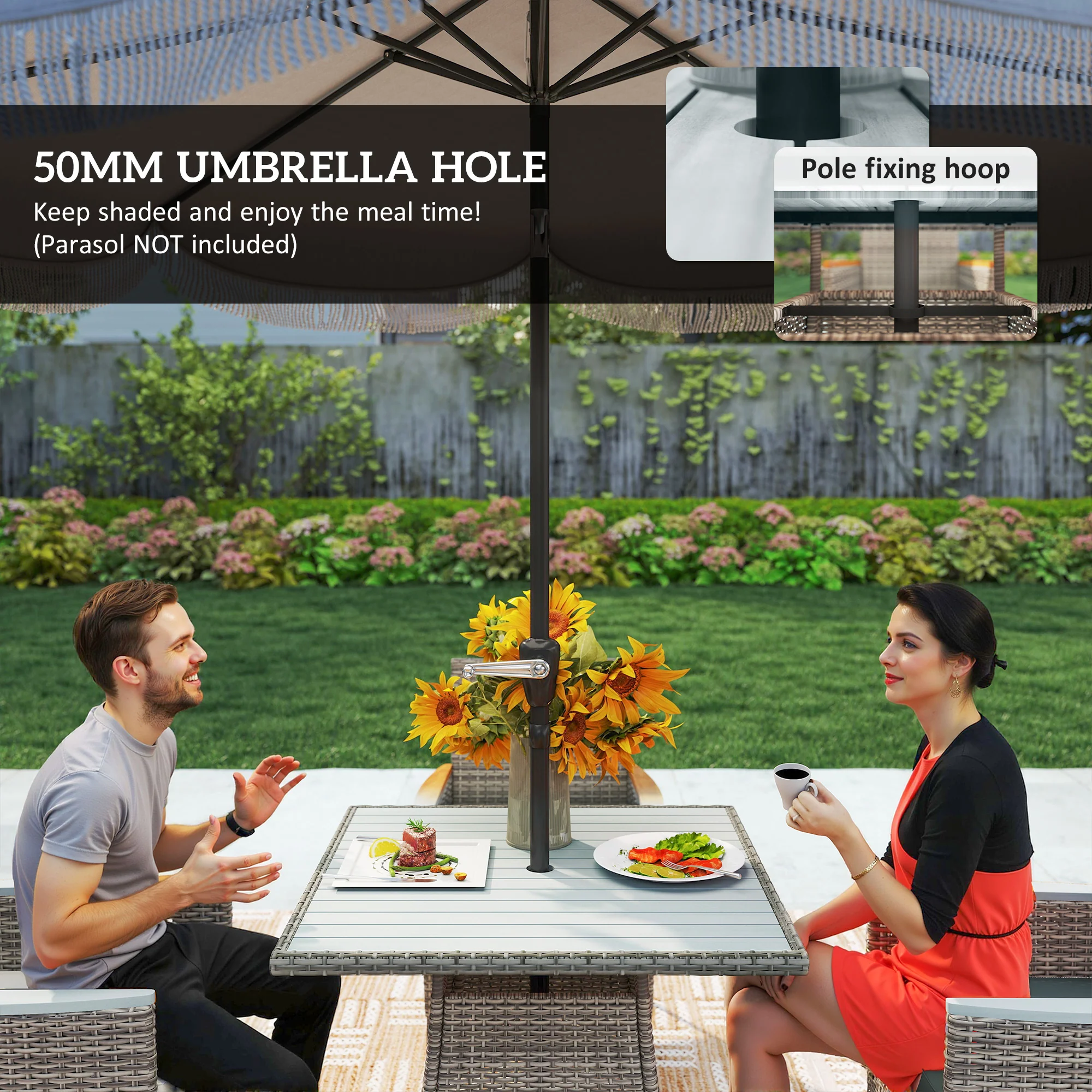 Outsunny Rattan Dining Set with Parasol Hole, Garden Table and Chairs - Image 4