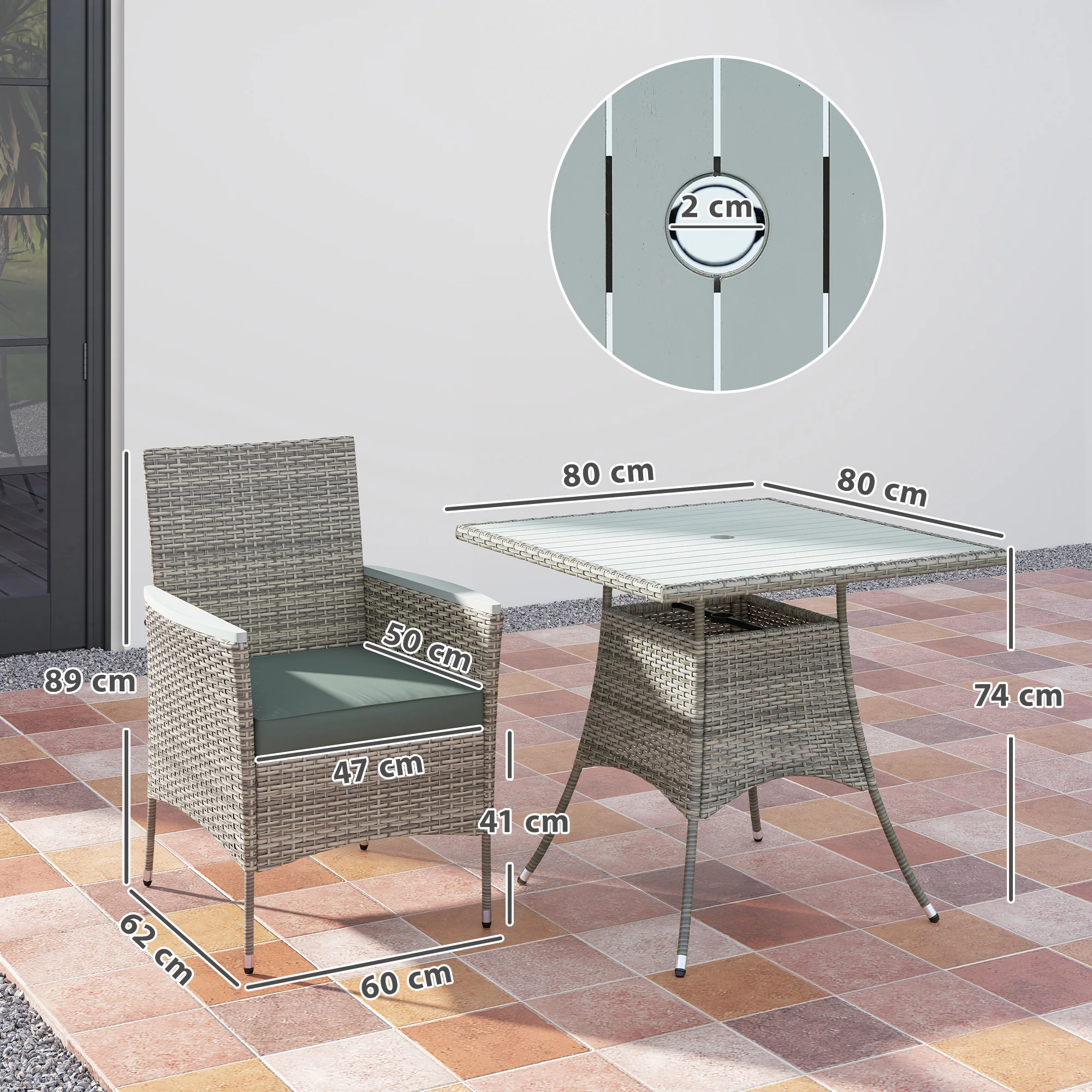 Outsunny Rattan Dining Set with Parasol Hole, Garden Table and Chairs - Image 5