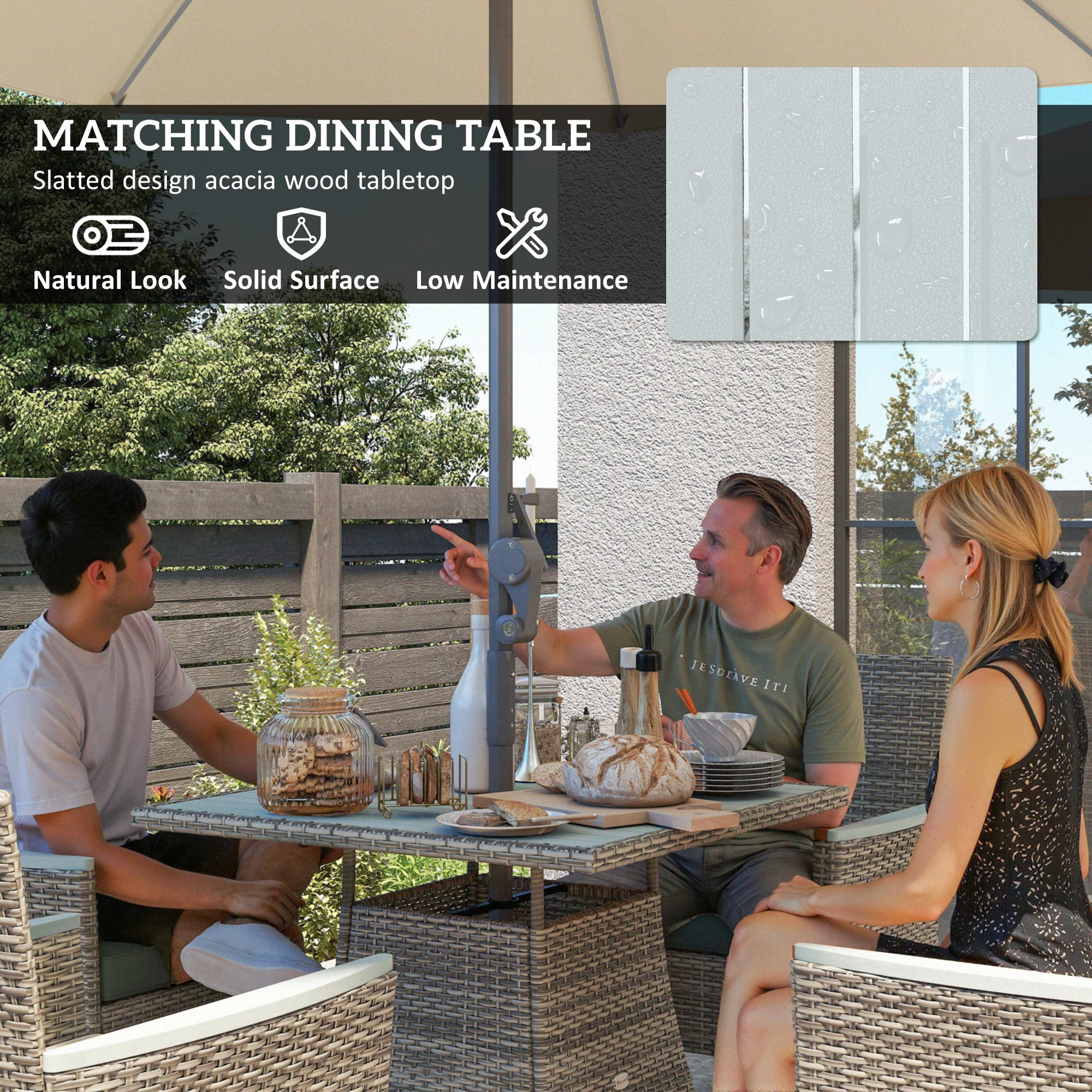 Outsunny Rattan Dining Set with Parasol Hole, Garden Table and Chairs - Image 6