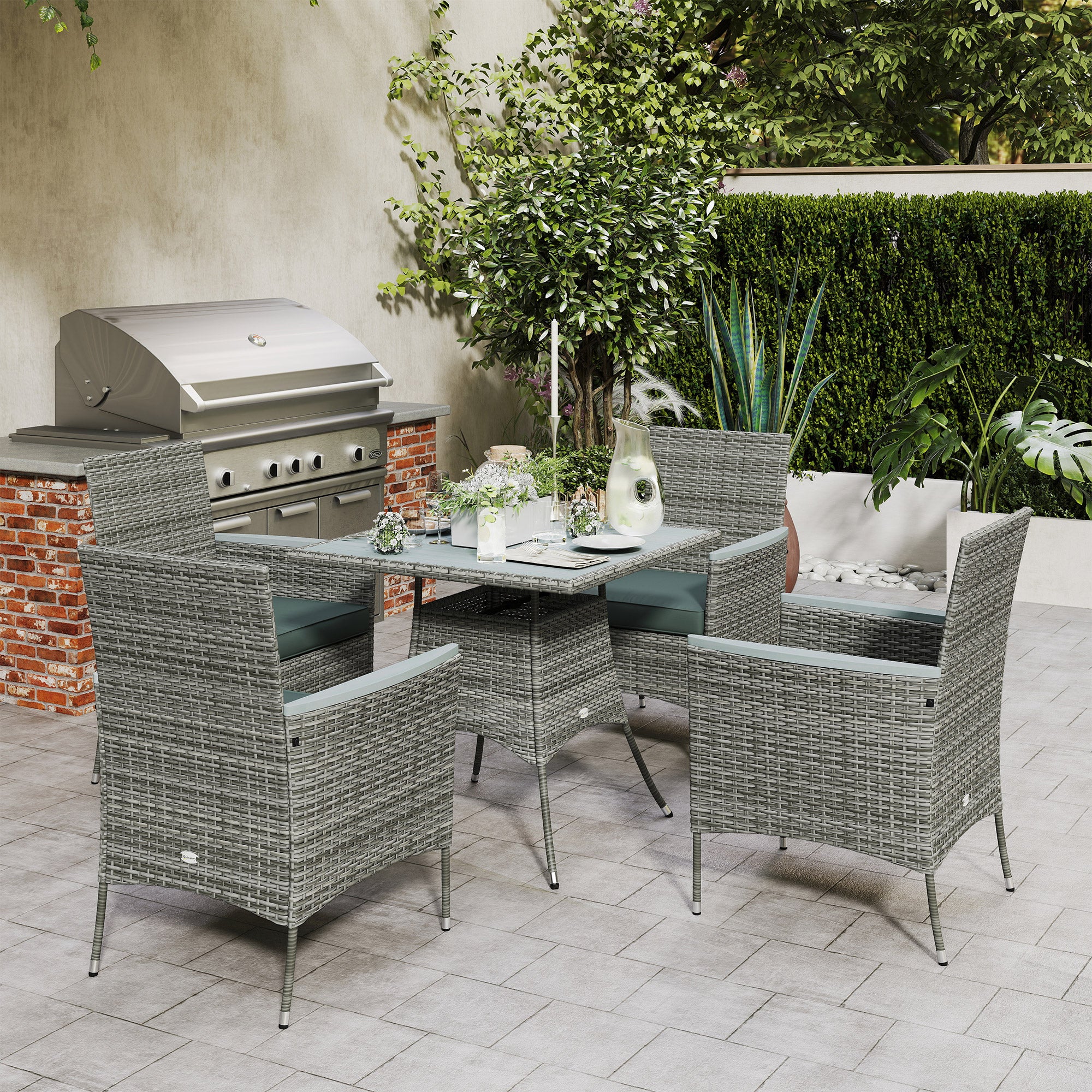 Outsunny Rattan Dining Set with Parasol Hole, Garden Table and Chairs - Image 9