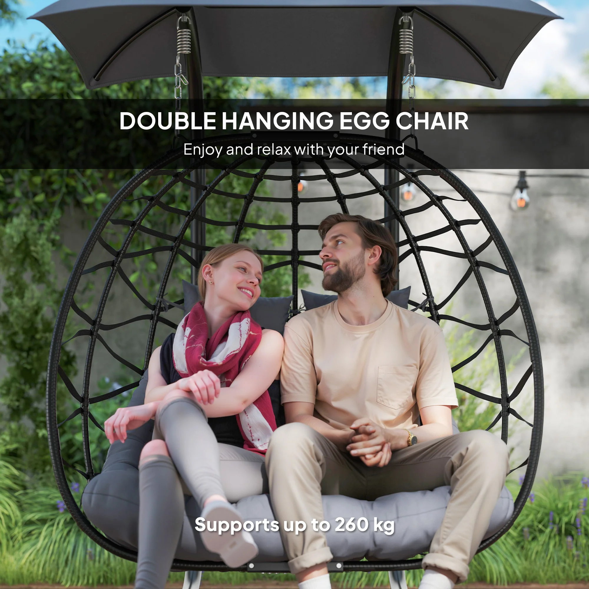 Outsunny Rattan Double Hanging Egg Chair with Canopy, Cushion, Black - Image 3