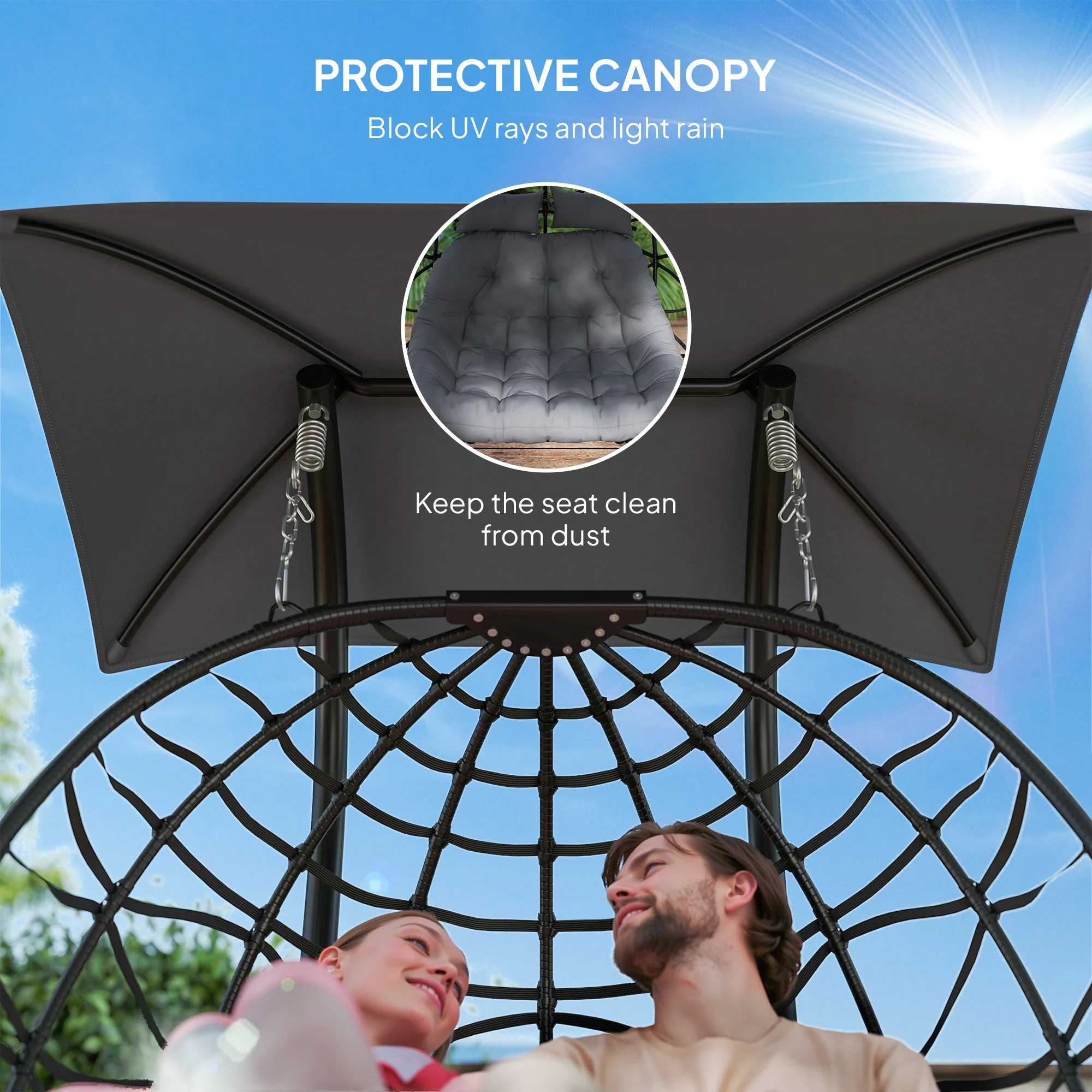 Outsunny Rattan Double Hanging Egg Chair with Canopy, Cushion, Black - Image 4