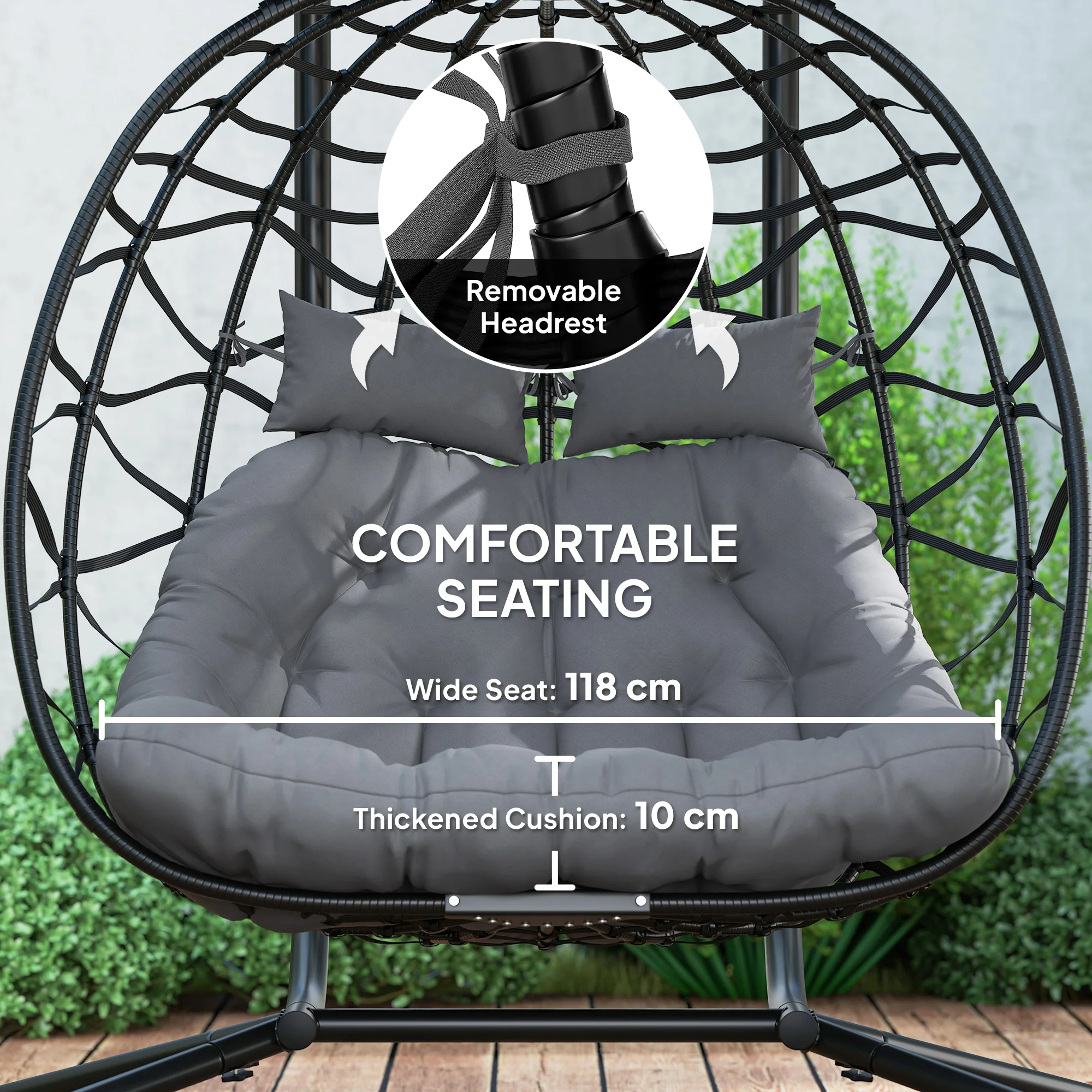 Outsunny Rattan Double Hanging Egg Chair with Canopy, Cushion, Black - Image 7