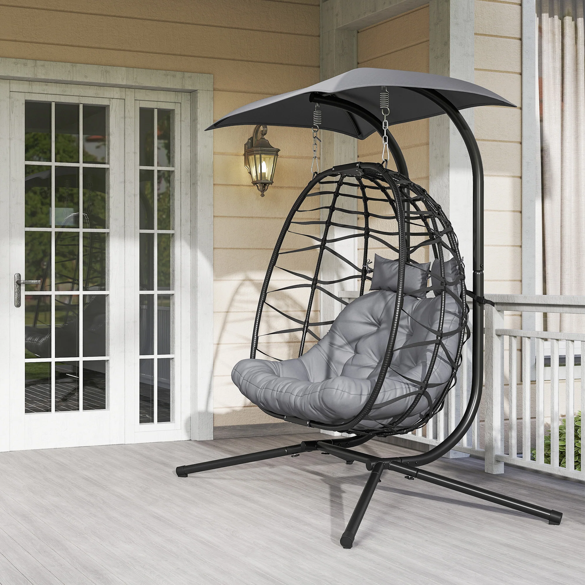 Outsunny Rattan Double Hanging Egg Chair with Canopy, Cushion, Black - Image 9