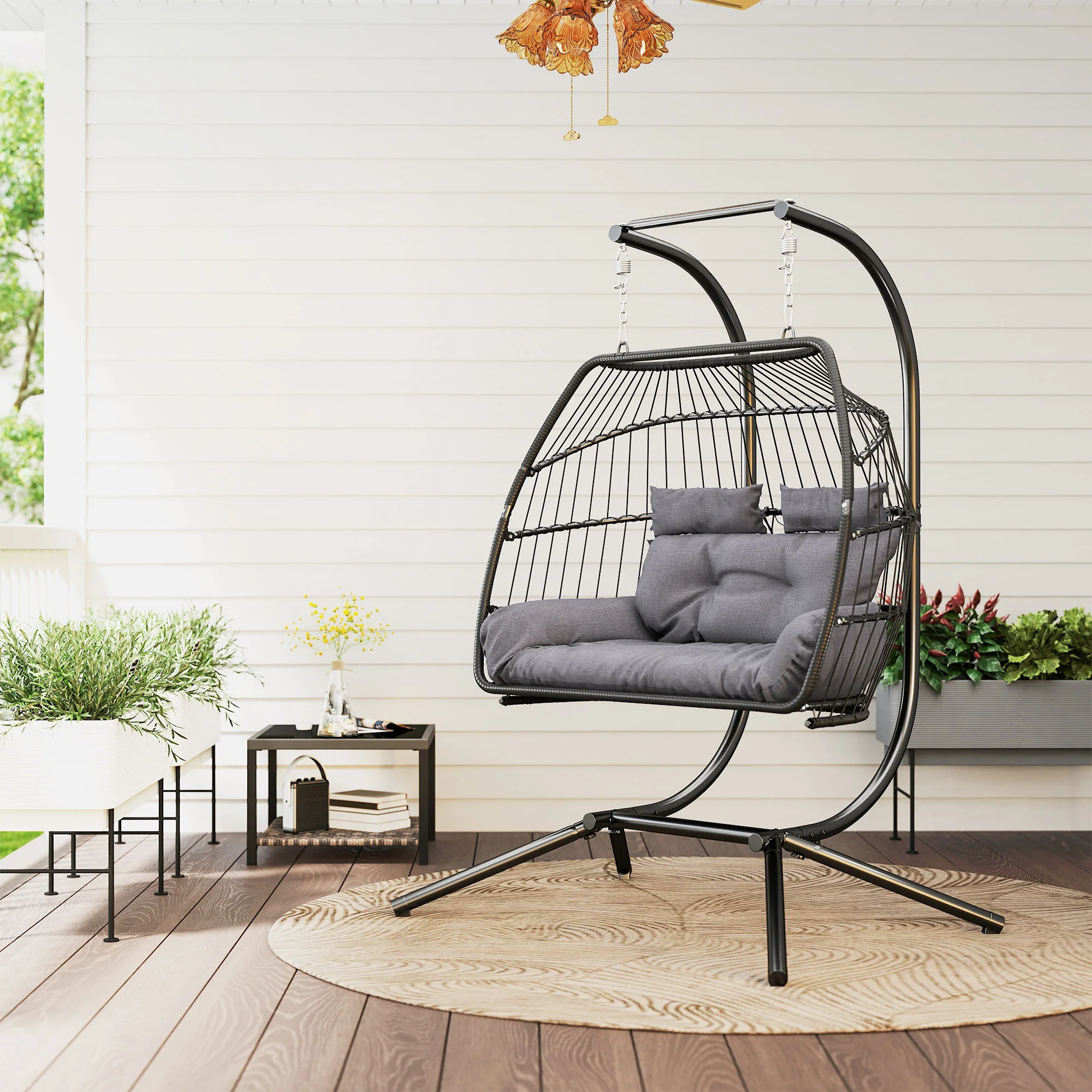 Outsunny Rattan Double Hanging Egg Chair with Stand, Cushion, Dark Grey - Image 2