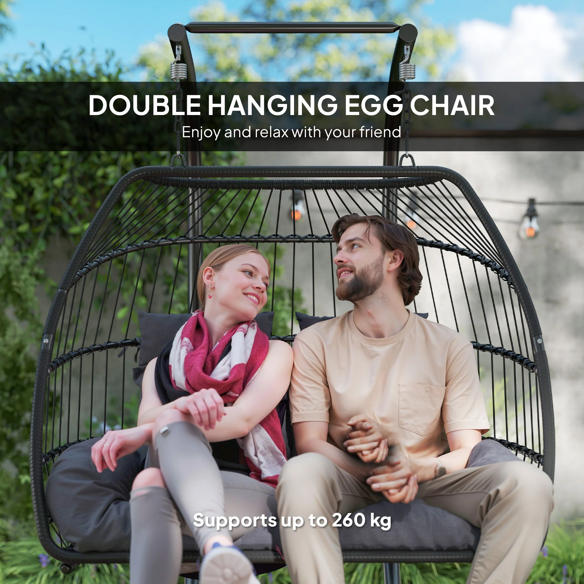 Outsunny Rattan Double Hanging Egg Chair with Stand, Cushion, Dark Grey - Image 3