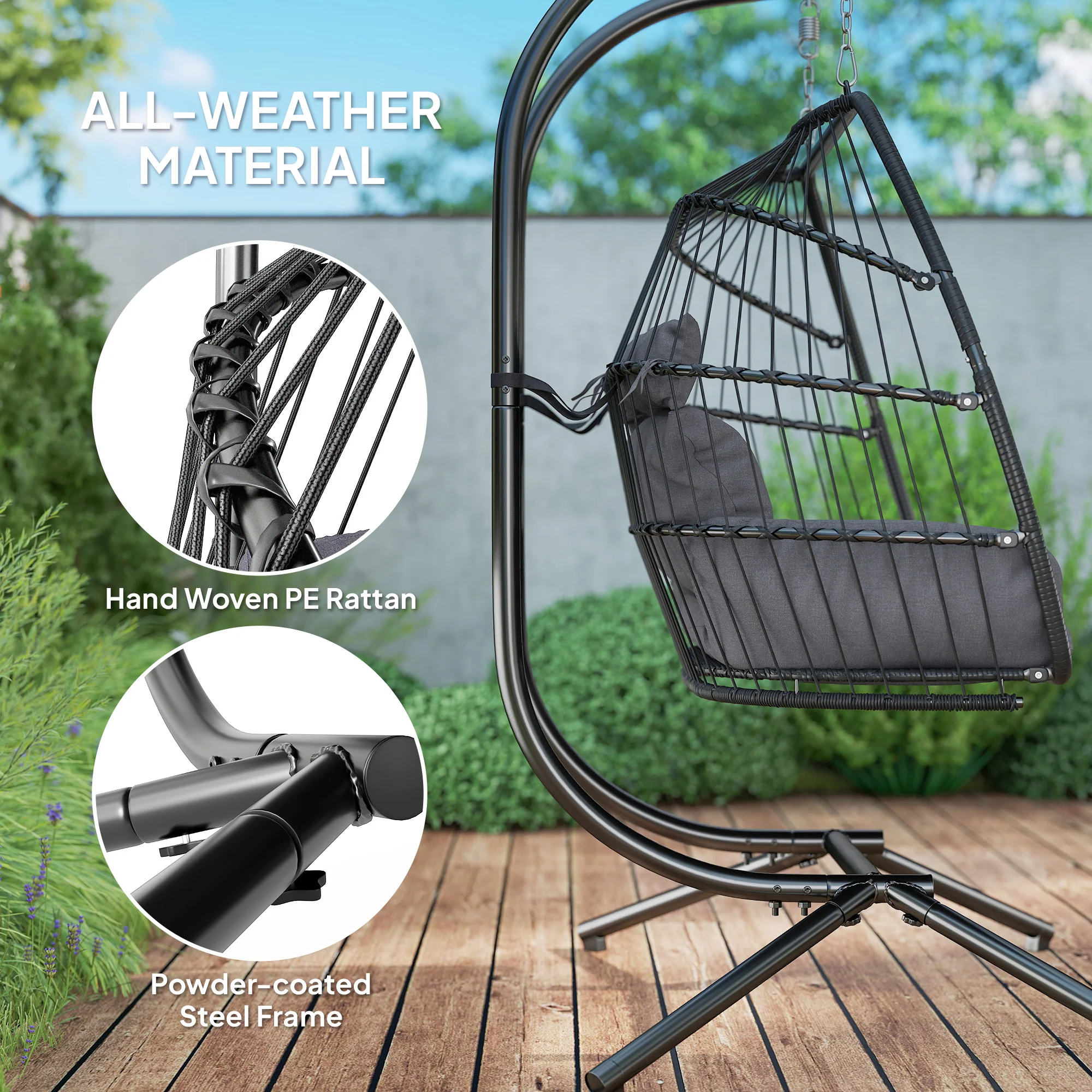 Outsunny Rattan Double Hanging Egg Chair with Stand, Cushion, Dark Grey - Image 4
