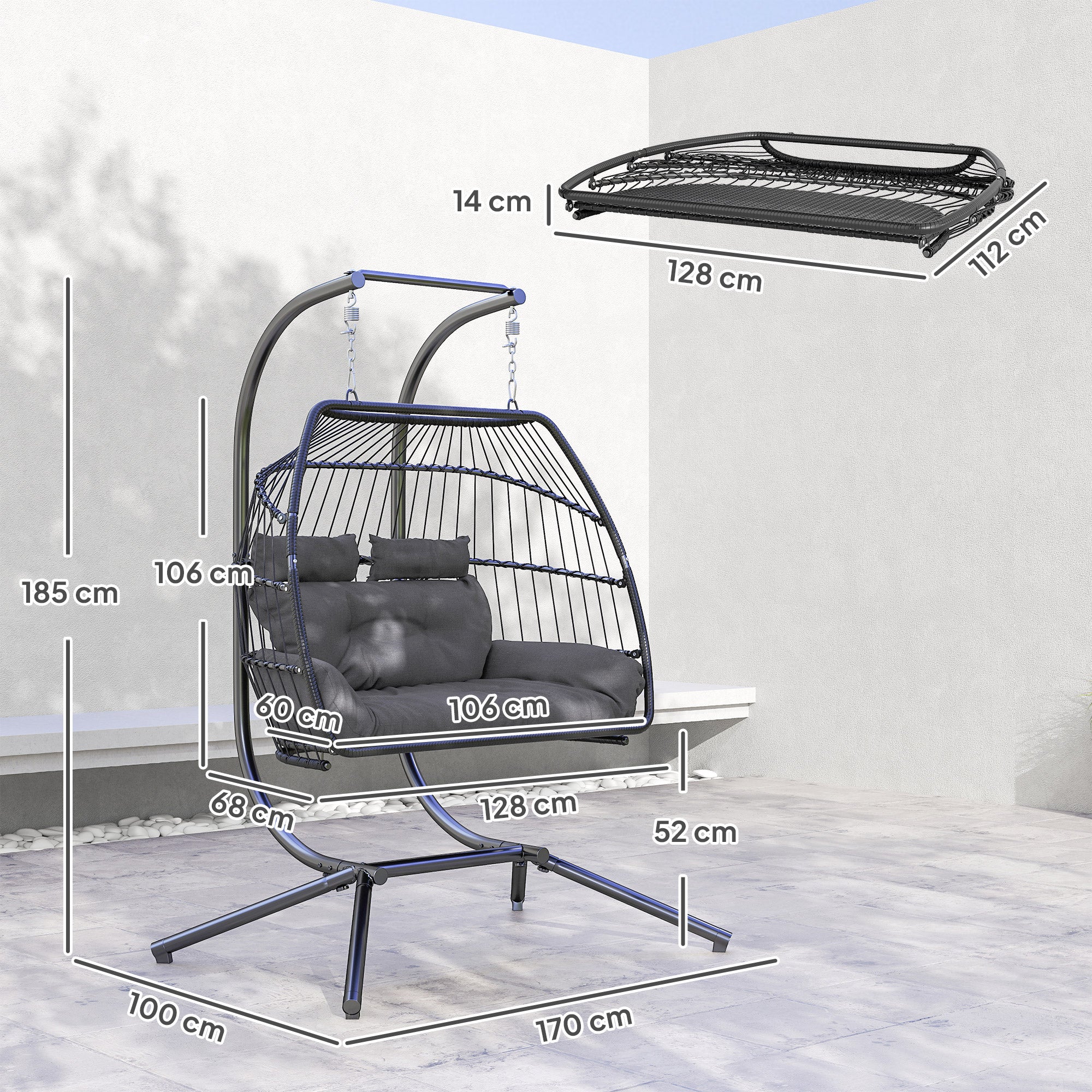 Outsunny Rattan Double Hanging Egg Chair with Stand, Cushion, Dark Grey - Image 5