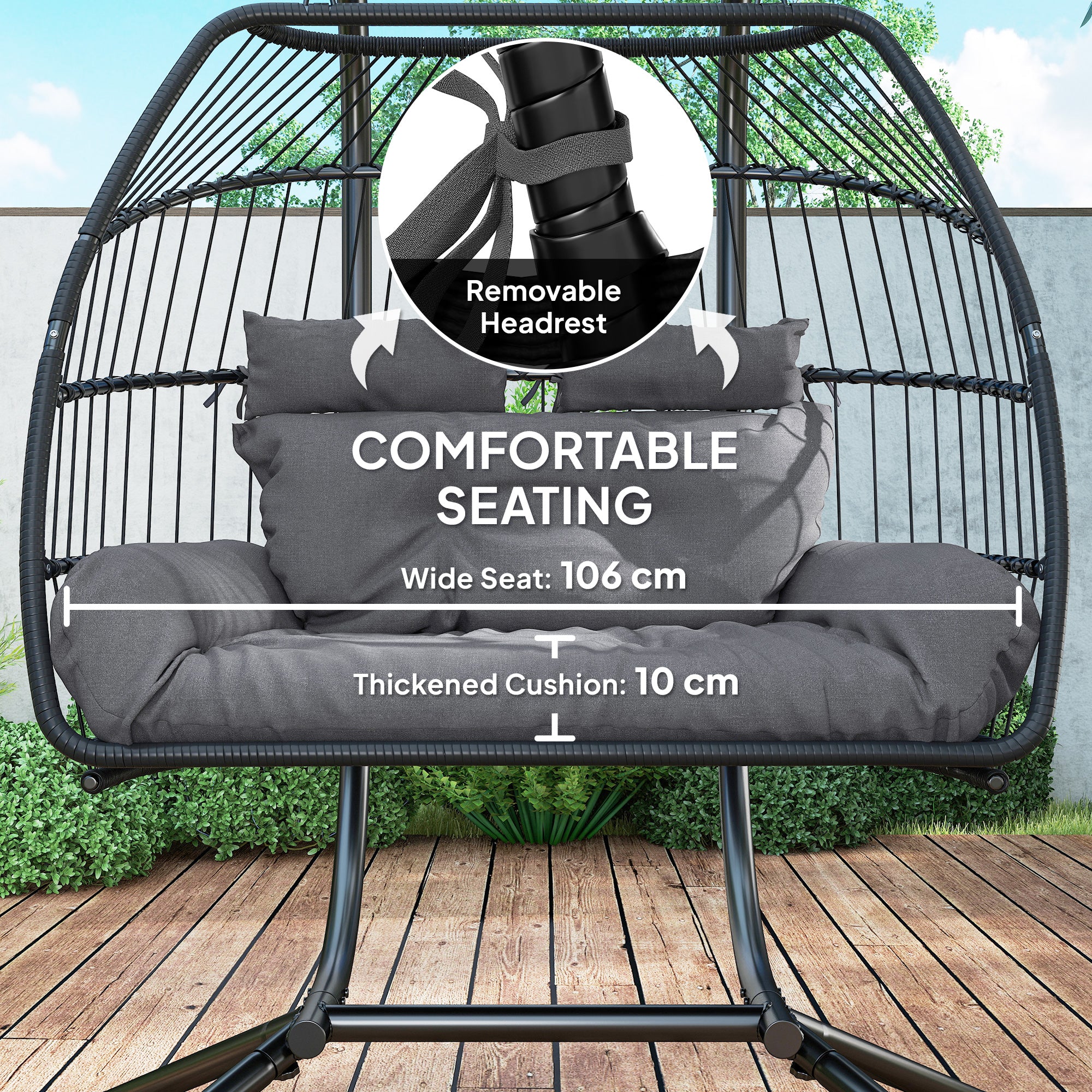 Outsunny Rattan Double Hanging Egg Chair with Stand, Cushion, Dark Grey - Image 6