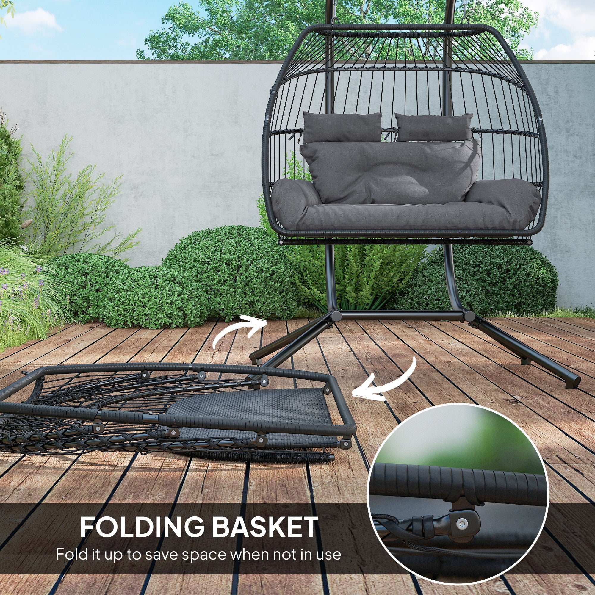 Outsunny Rattan Double Hanging Egg Chair with Stand, Cushion, Dark Grey - Image 7