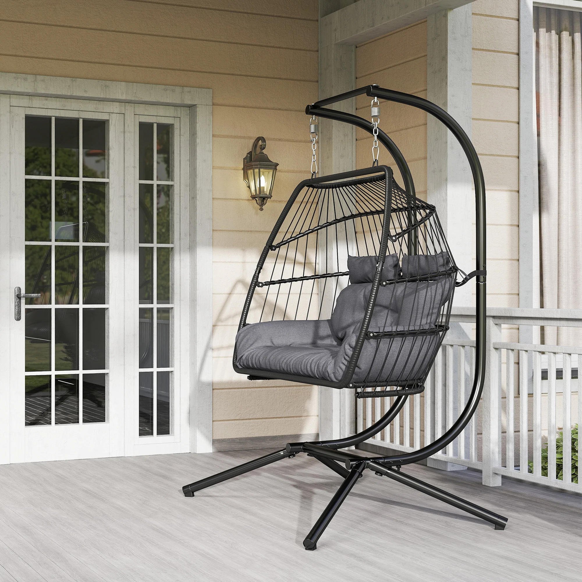 Outsunny Rattan Double Hanging Egg Chair with Stand, Cushion, Dark Grey - Image 8