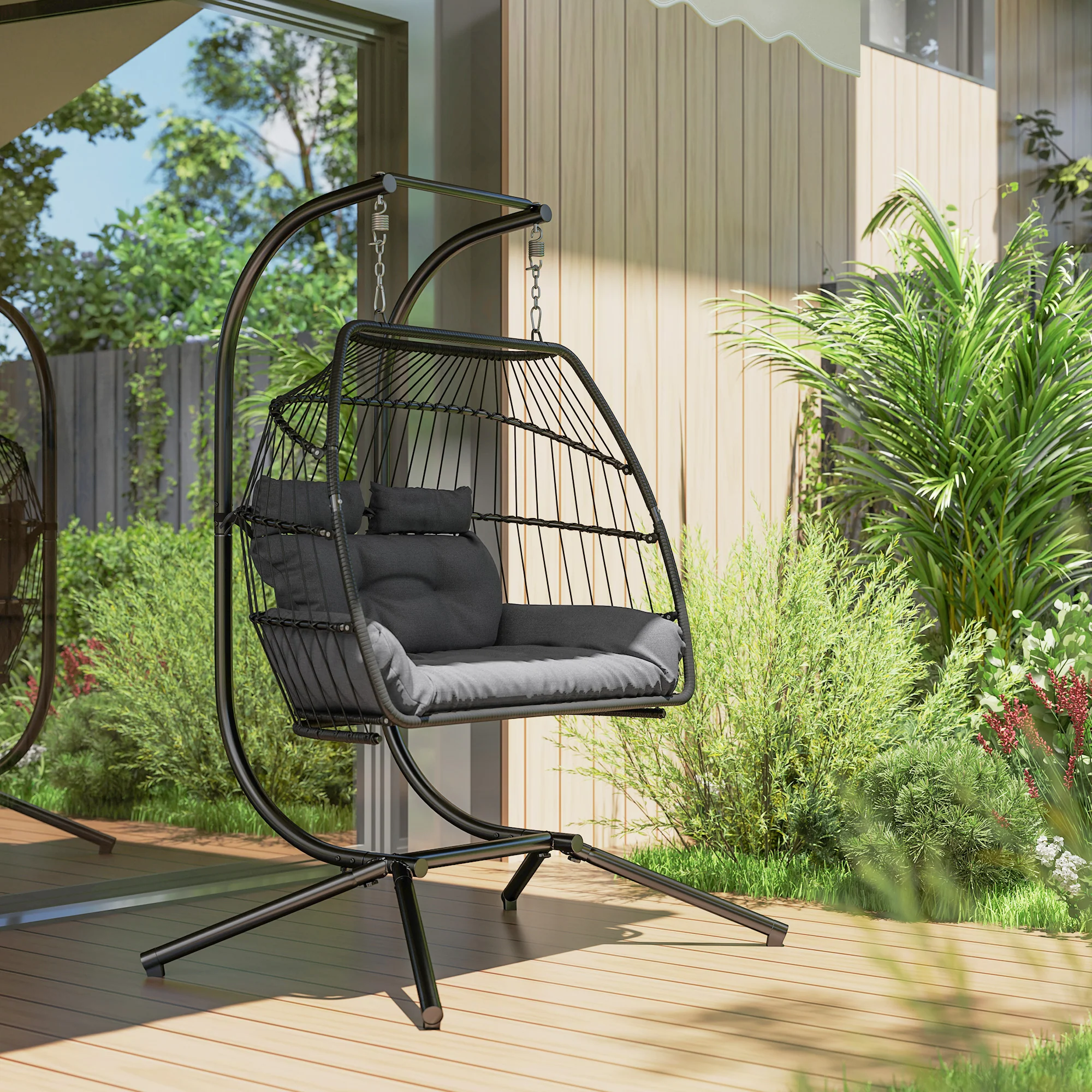 Outsunny Rattan Double Hanging Egg Chair with Stand, Cushion, Dark Grey - Image 9