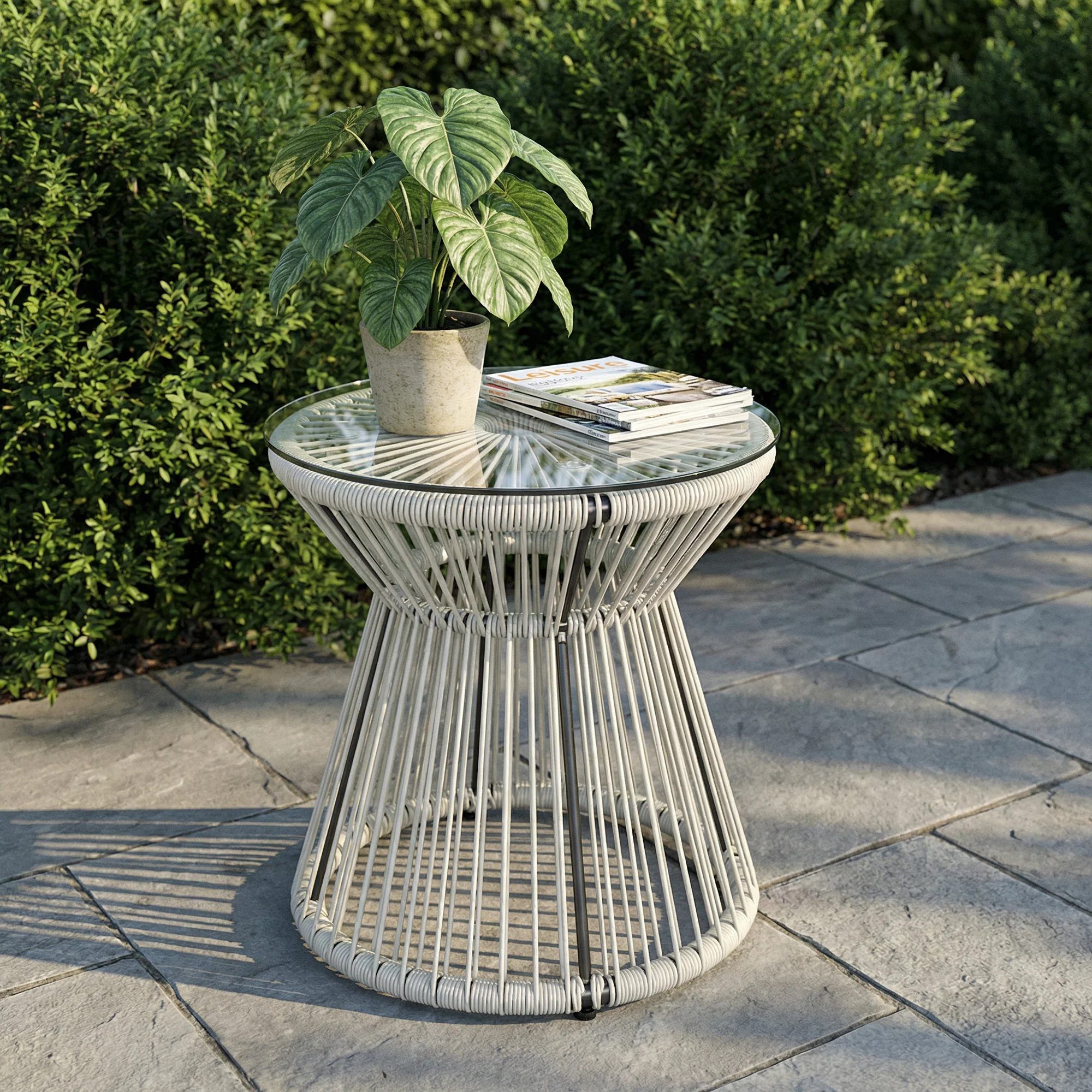 Outsunny Rattan End Table, Round Hollow Drum Design Side Table, Light Grey - Image 7