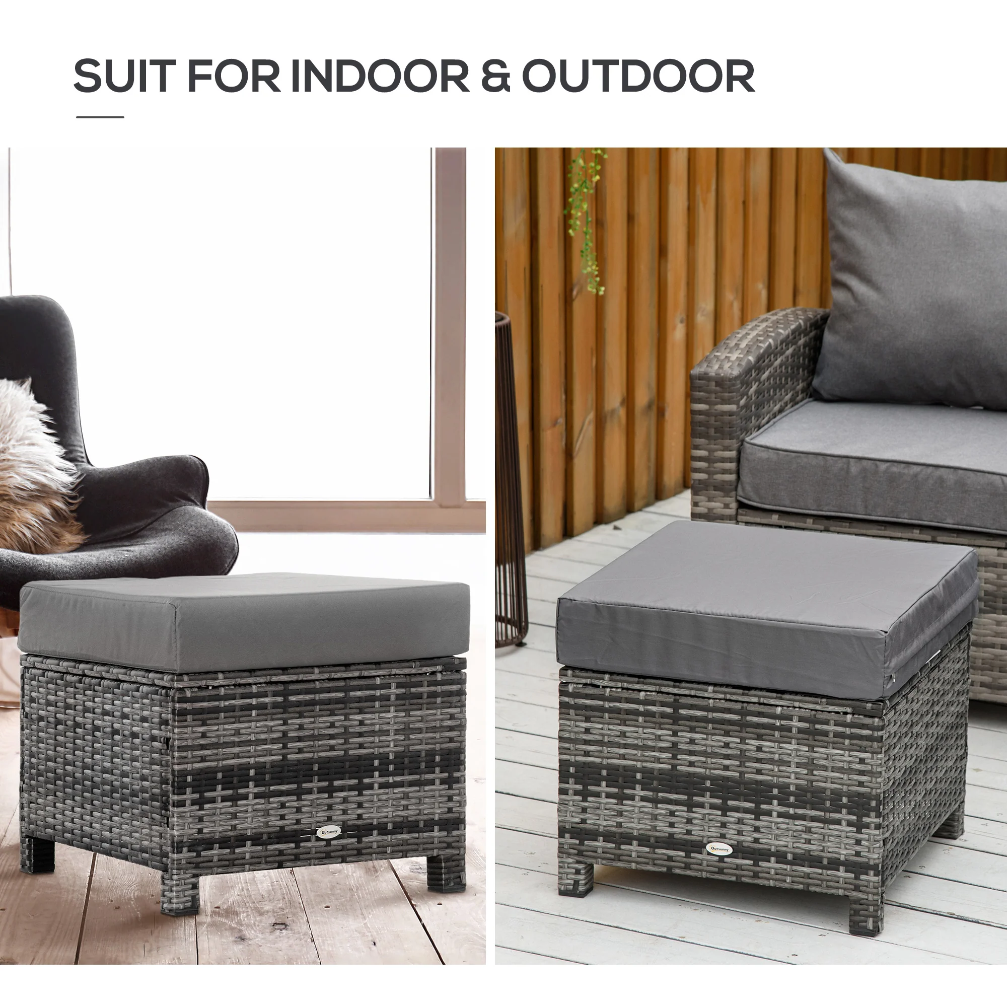 Outsunny Rattan Footstool Wicker Ottoman w/ Padded Seat for Backyard Garden - Image 7