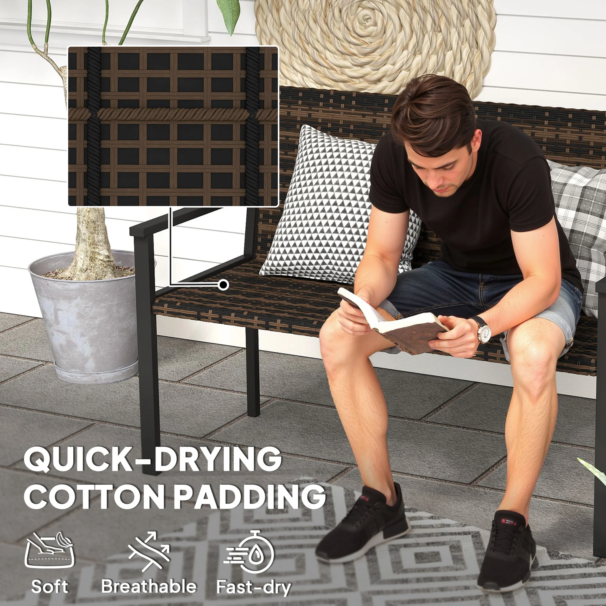 Outsunny Rattan Garden Bench Loveseat with Quick-Drying Padding - Image 15