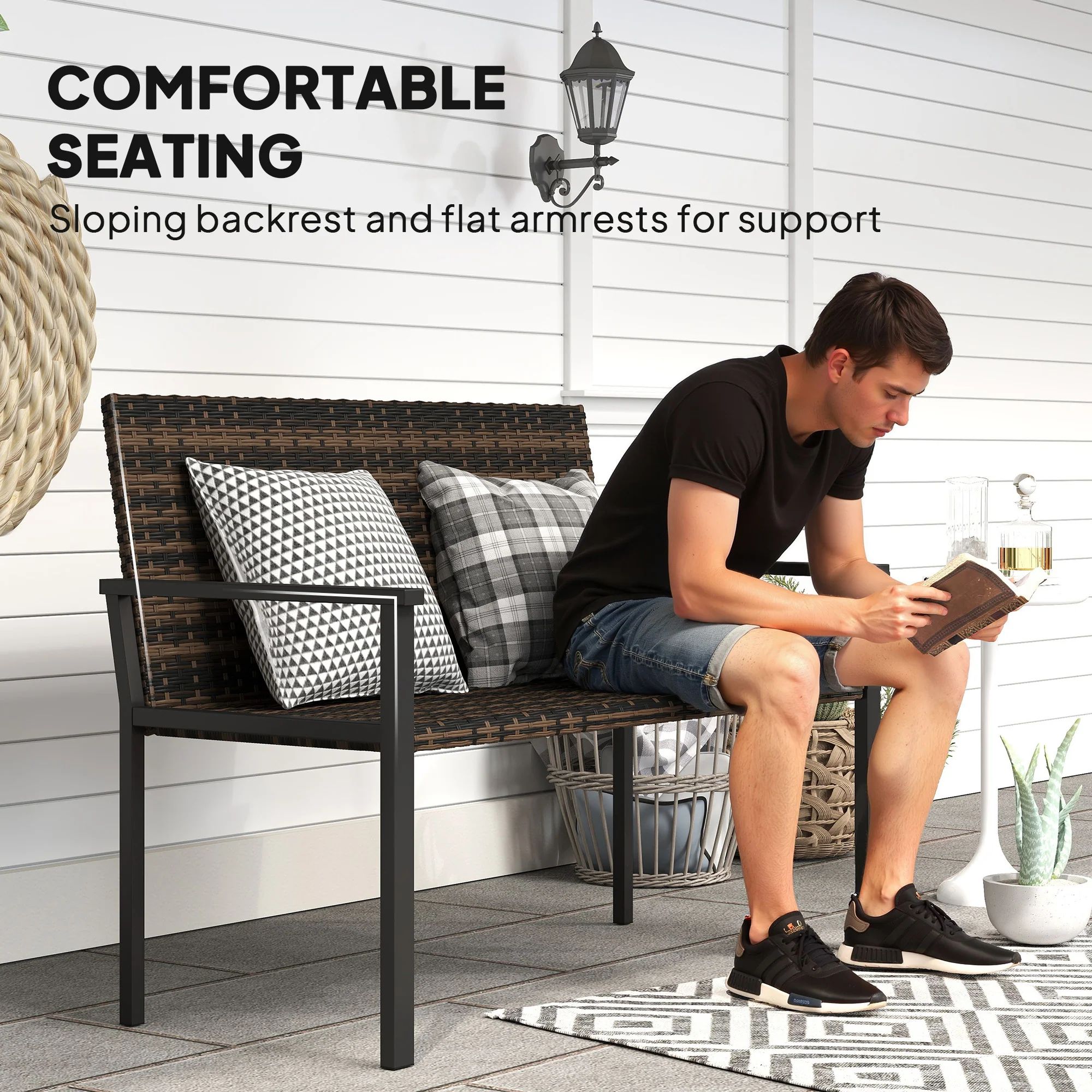 Outsunny Rattan Garden Bench Loveseat with Quick-Drying Padding - Image 16