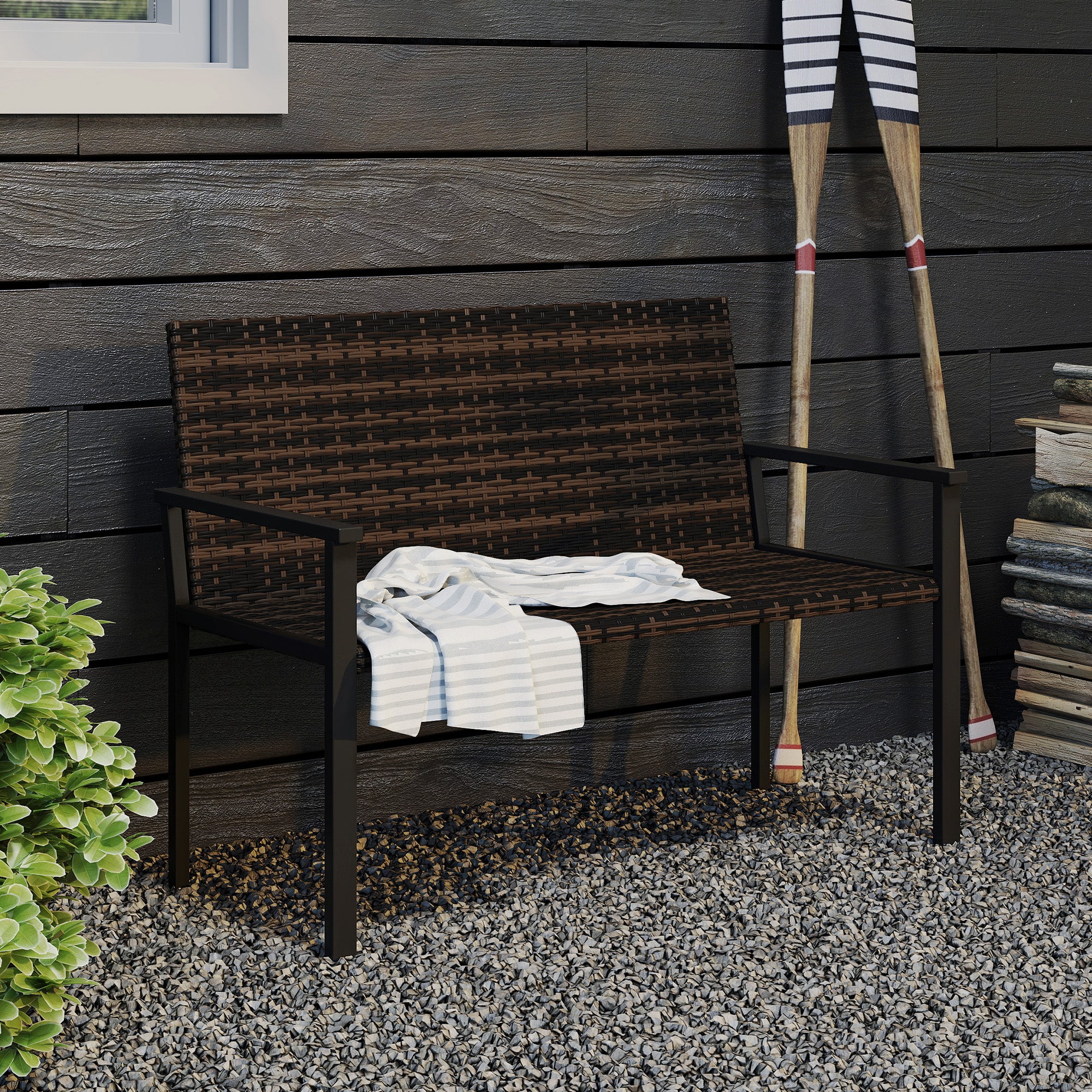 Outsunny Rattan Garden Bench Loveseat with Quick-Drying Padding - Image 18