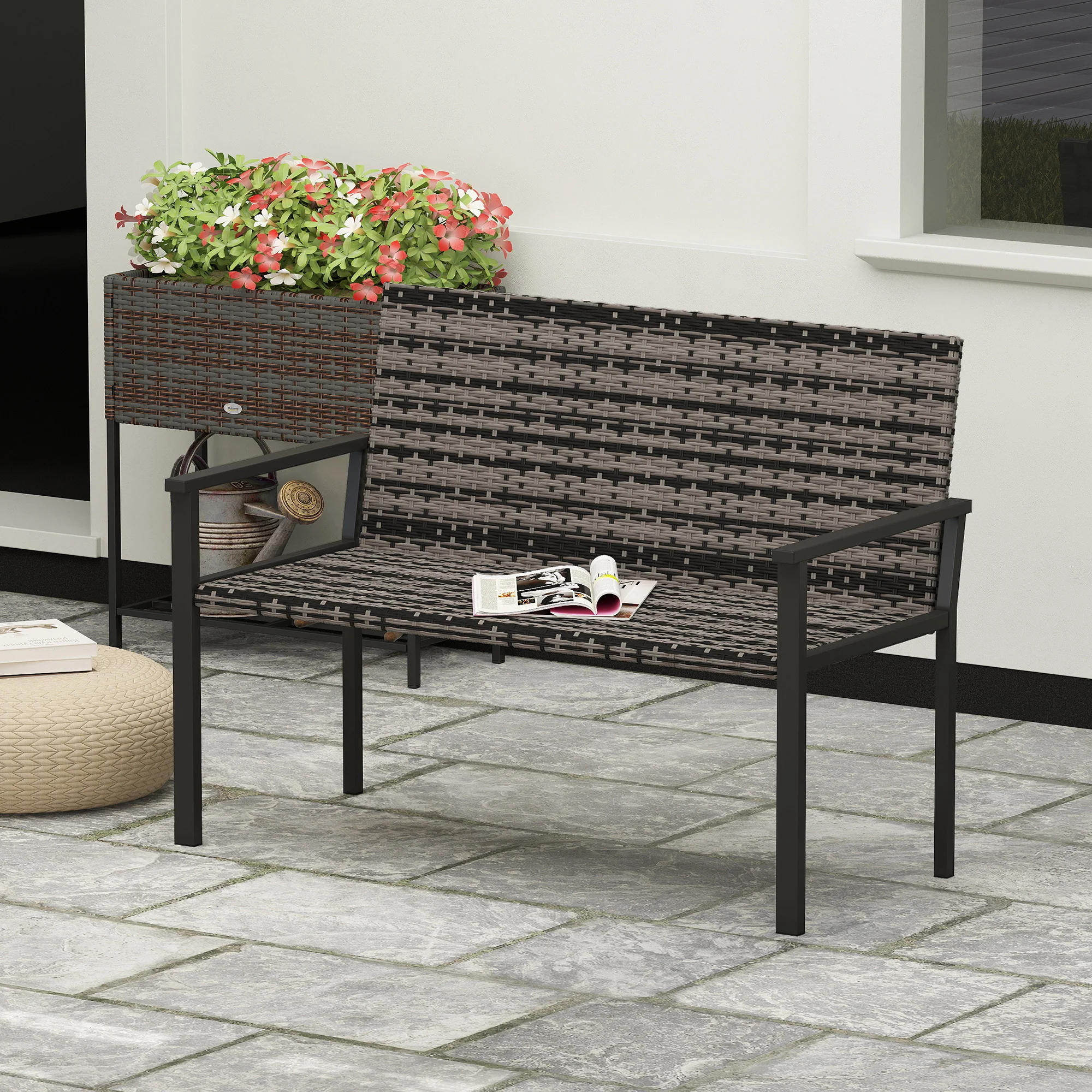 Outsunny Rattan Garden Bench Loveseat with Quick-Drying Padding - Image 2