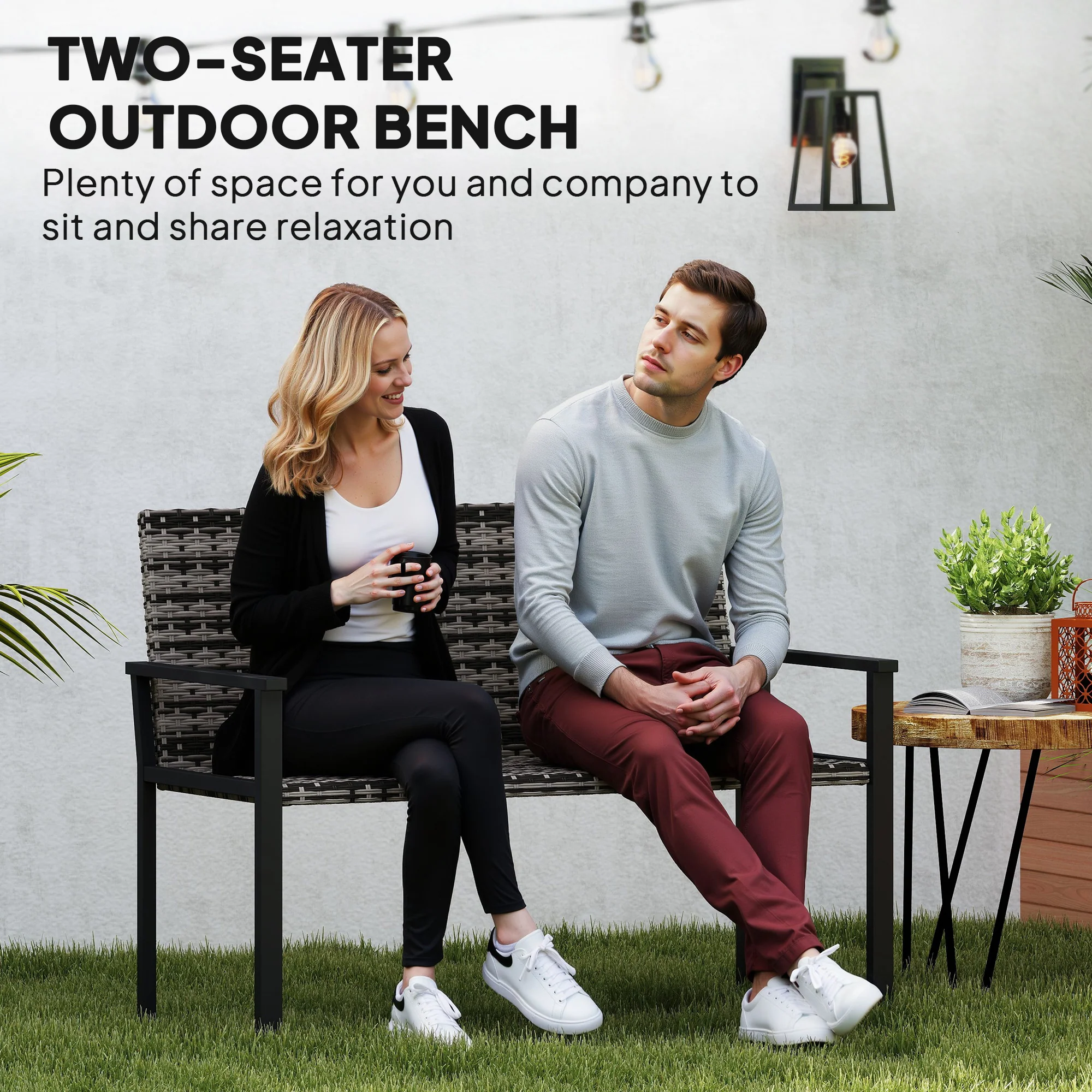 Outsunny Rattan Garden Bench Loveseat with Quick-Drying Padding - Image 3