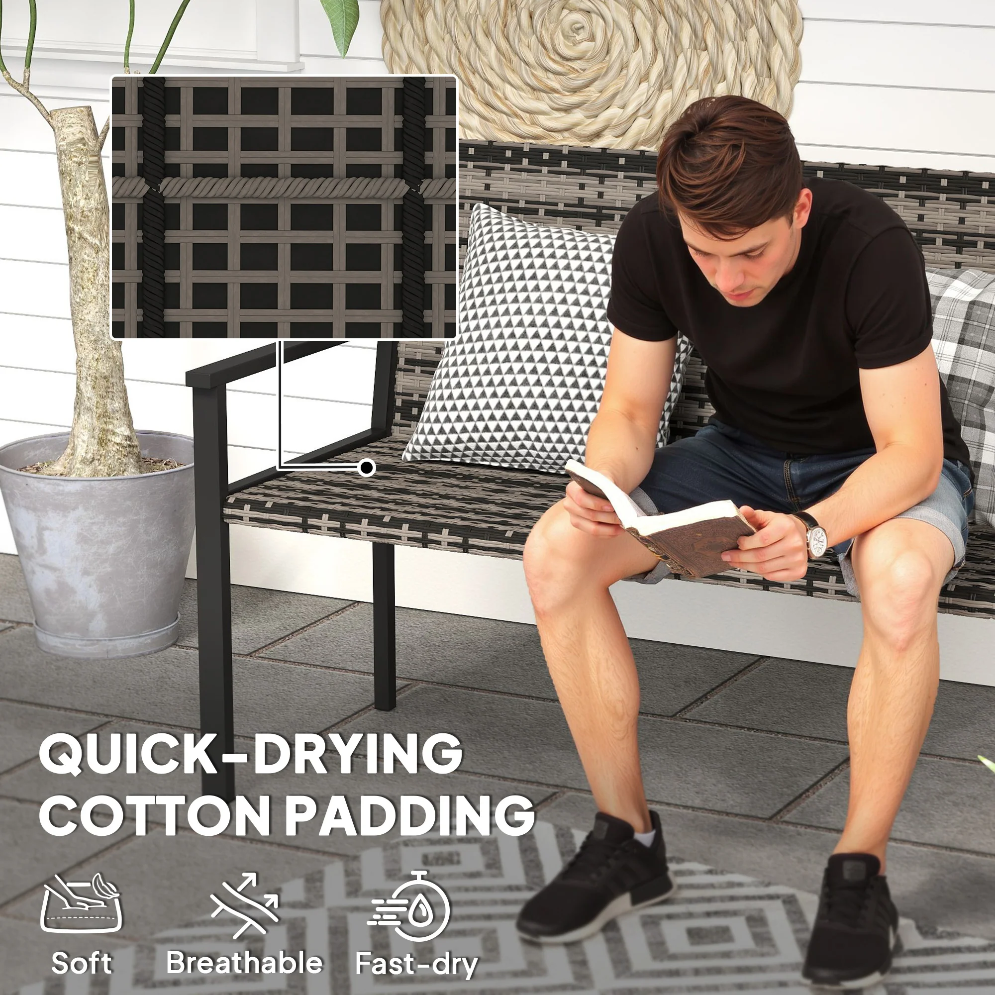 Outsunny Rattan Garden Bench Loveseat with Quick-Drying Padding - Image 6
