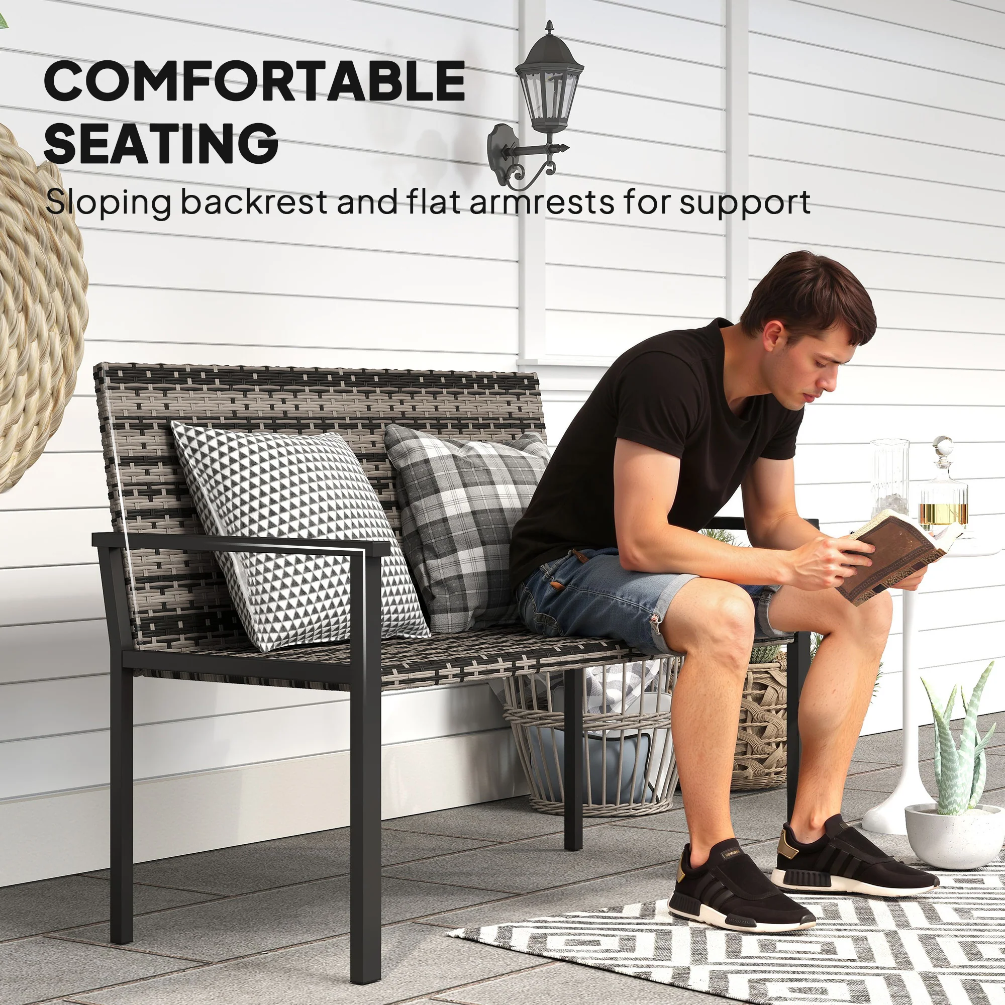 Outsunny Rattan Garden Bench Loveseat with Quick-Drying Padding - Image 7