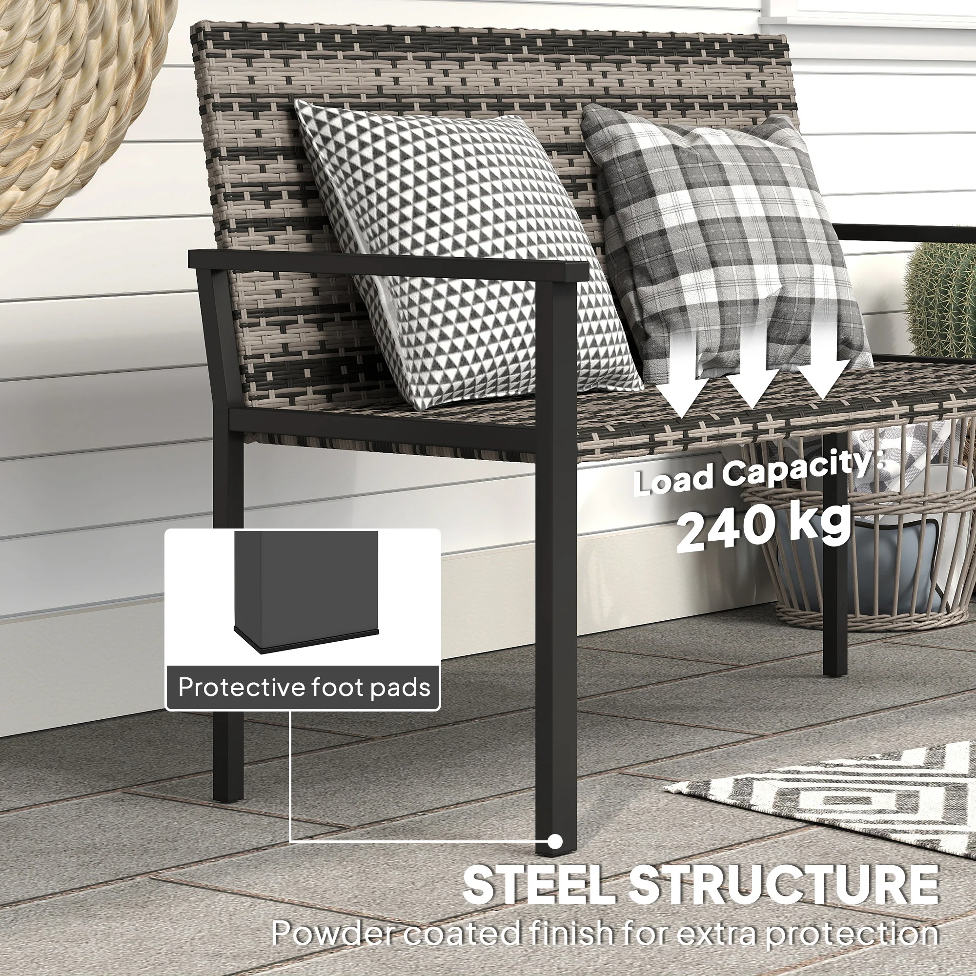 Outsunny Rattan Garden Bench Loveseat with Quick-Drying Padding - Image 8