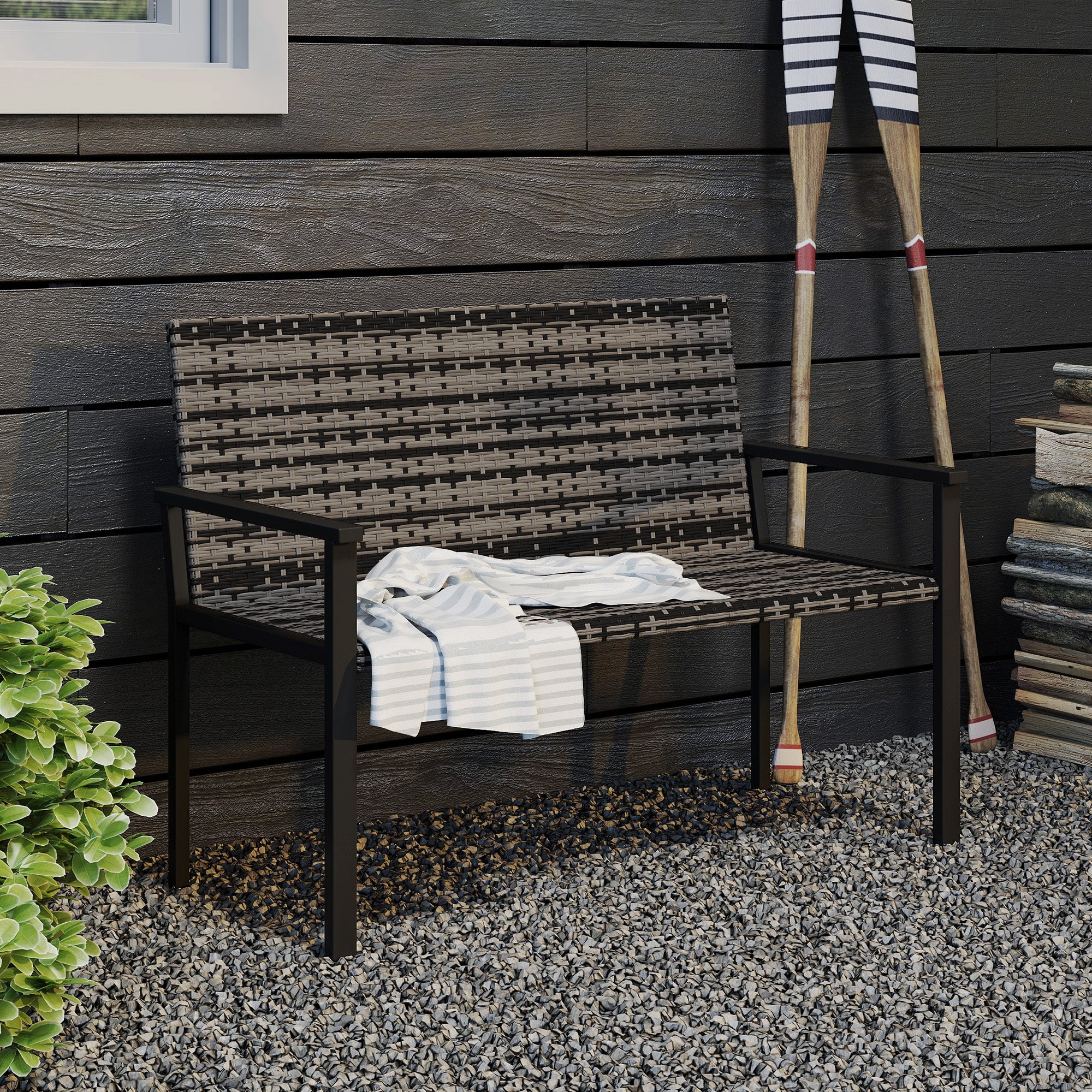 Outsunny Rattan Garden Bench Loveseat with Quick-Drying Padding - Image 9