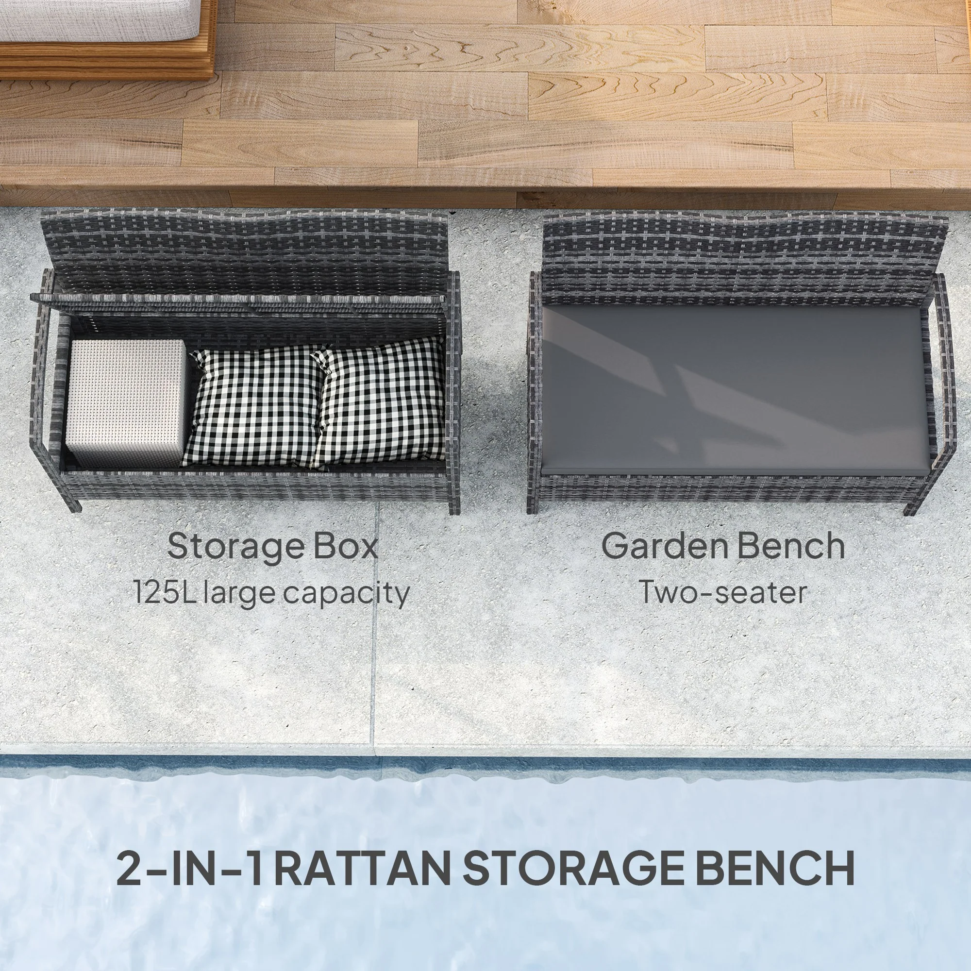 Outsunny Rattan Garden Bench W/ 125L Storage, Cushioned Outdoor Bench - Image 12