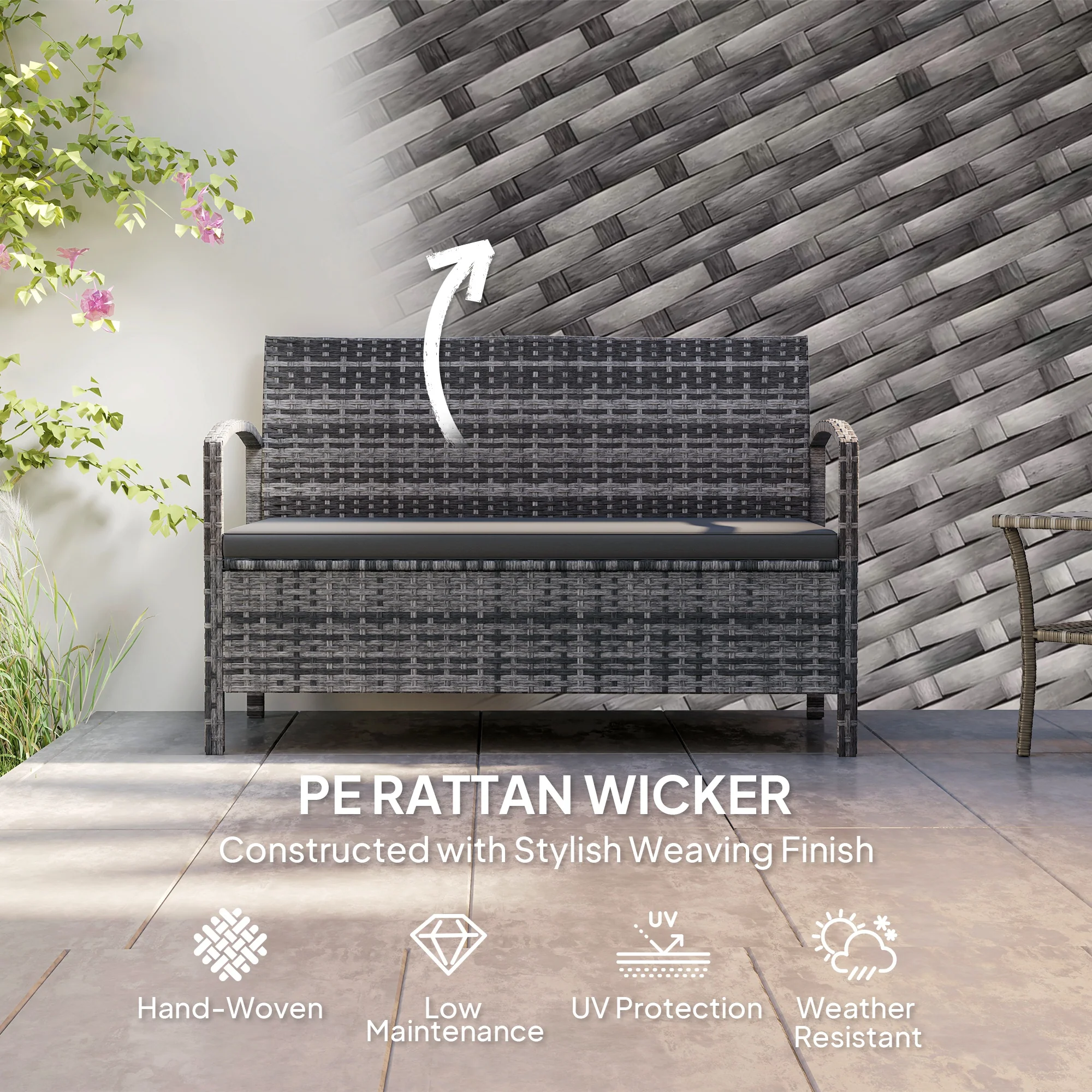Outsunny Rattan Garden Bench W/ 125L Storage, Cushioned Outdoor Bench - Image 13