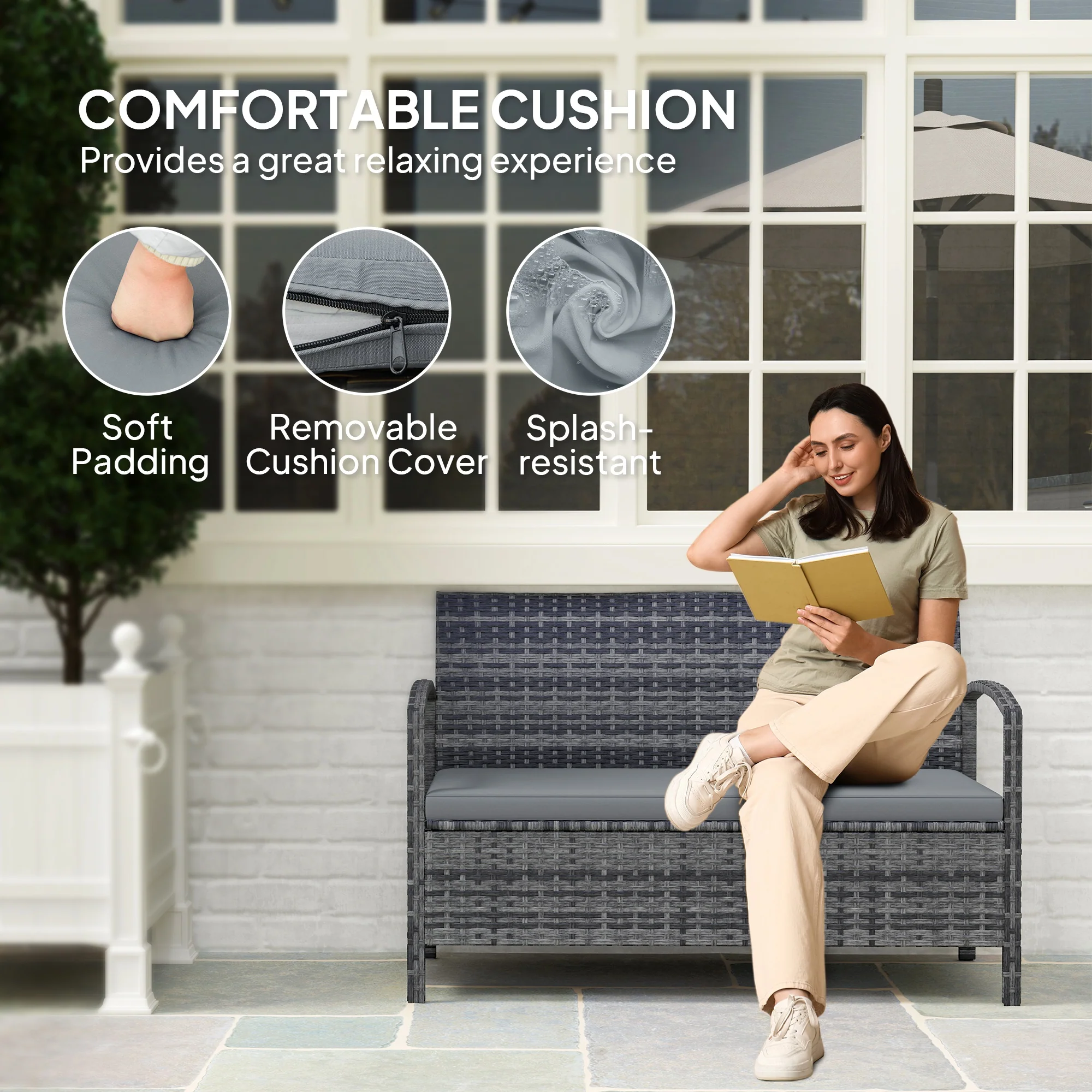 Outsunny Rattan Garden Bench W/ 125L Storage, Cushioned Outdoor Bench - Image 15