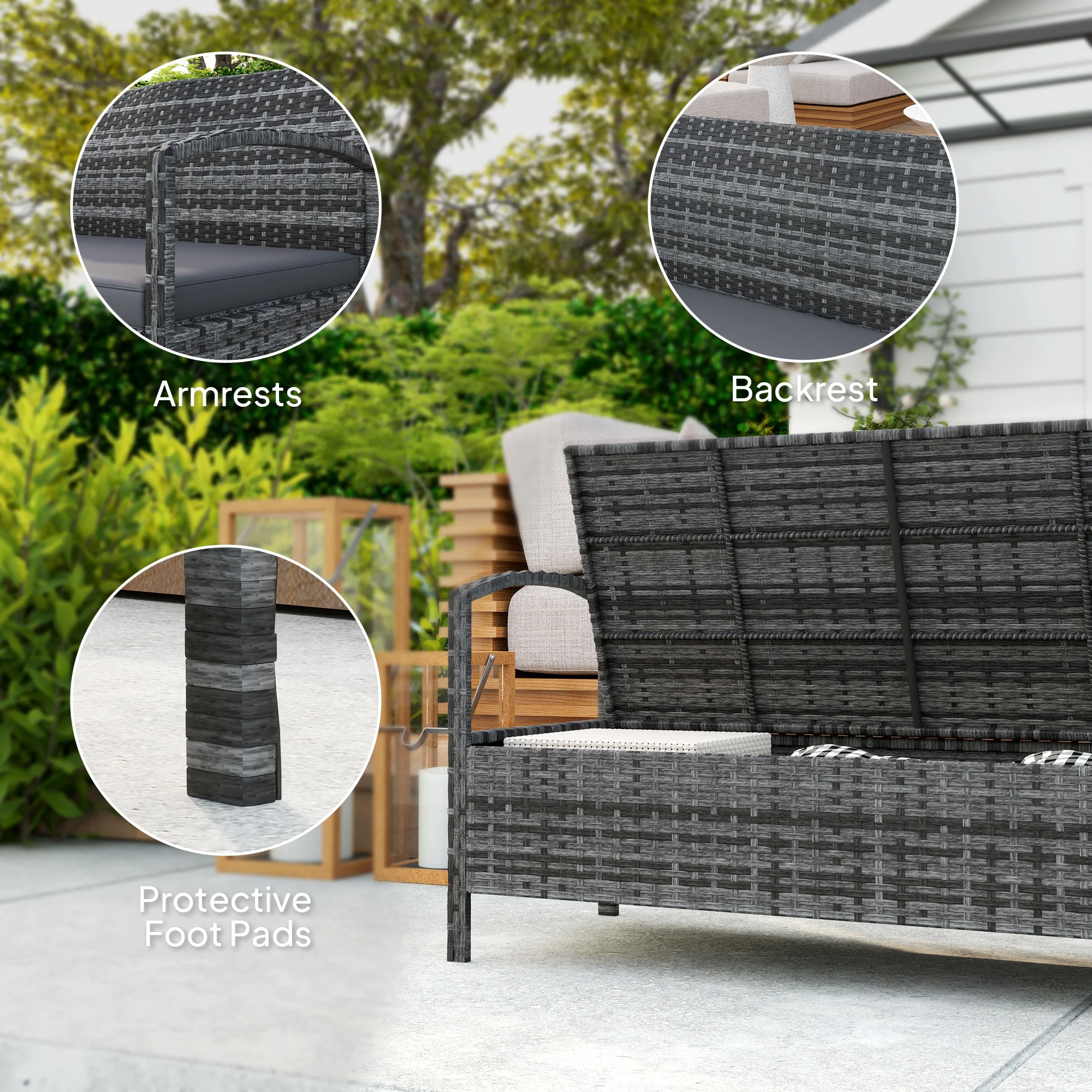 Outsunny Rattan Garden Bench W/ 125L Storage, Cushioned Outdoor Bench - Image 16