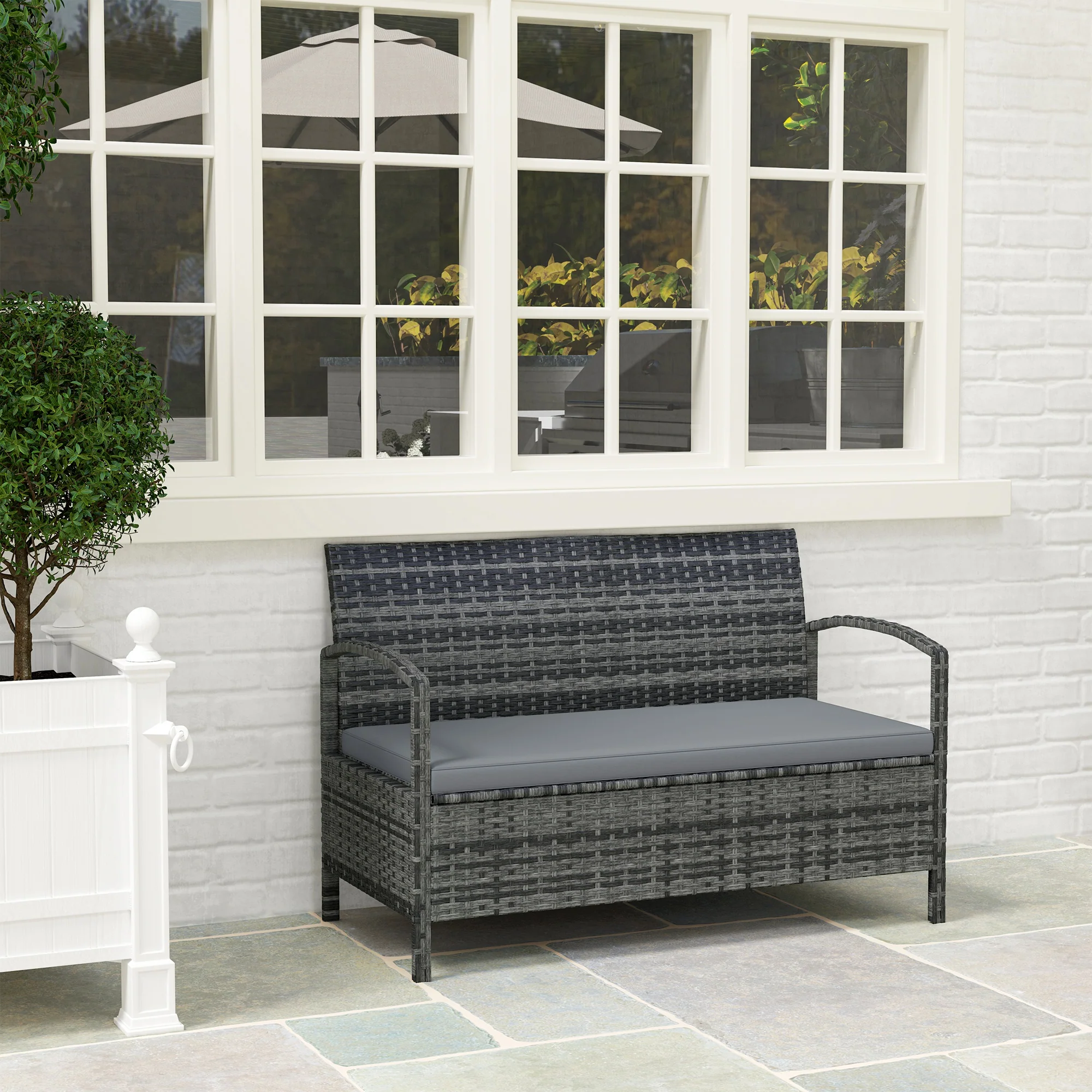 Outsunny Rattan Garden Bench W/ 125L Storage, Cushioned Outdoor Bench - Image 17