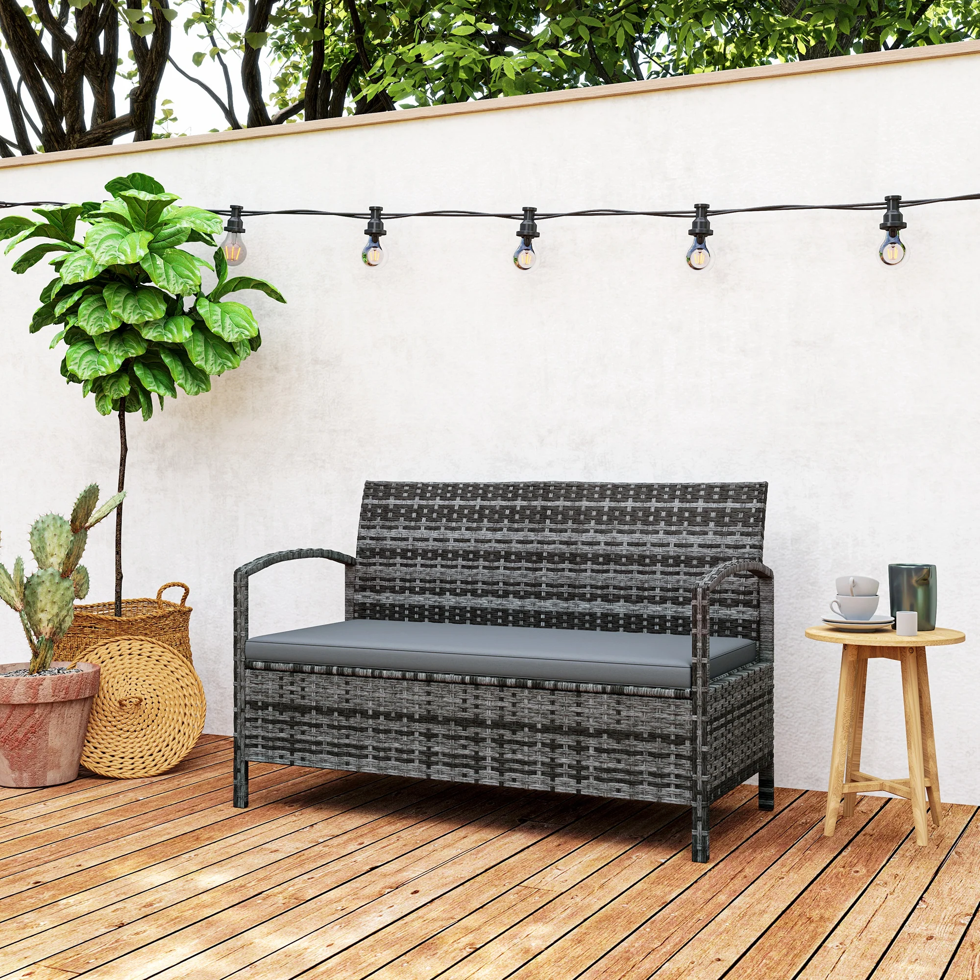 Outsunny Rattan Garden Bench W/ 125L Storage, Cushioned Outdoor Bench - Image 18
