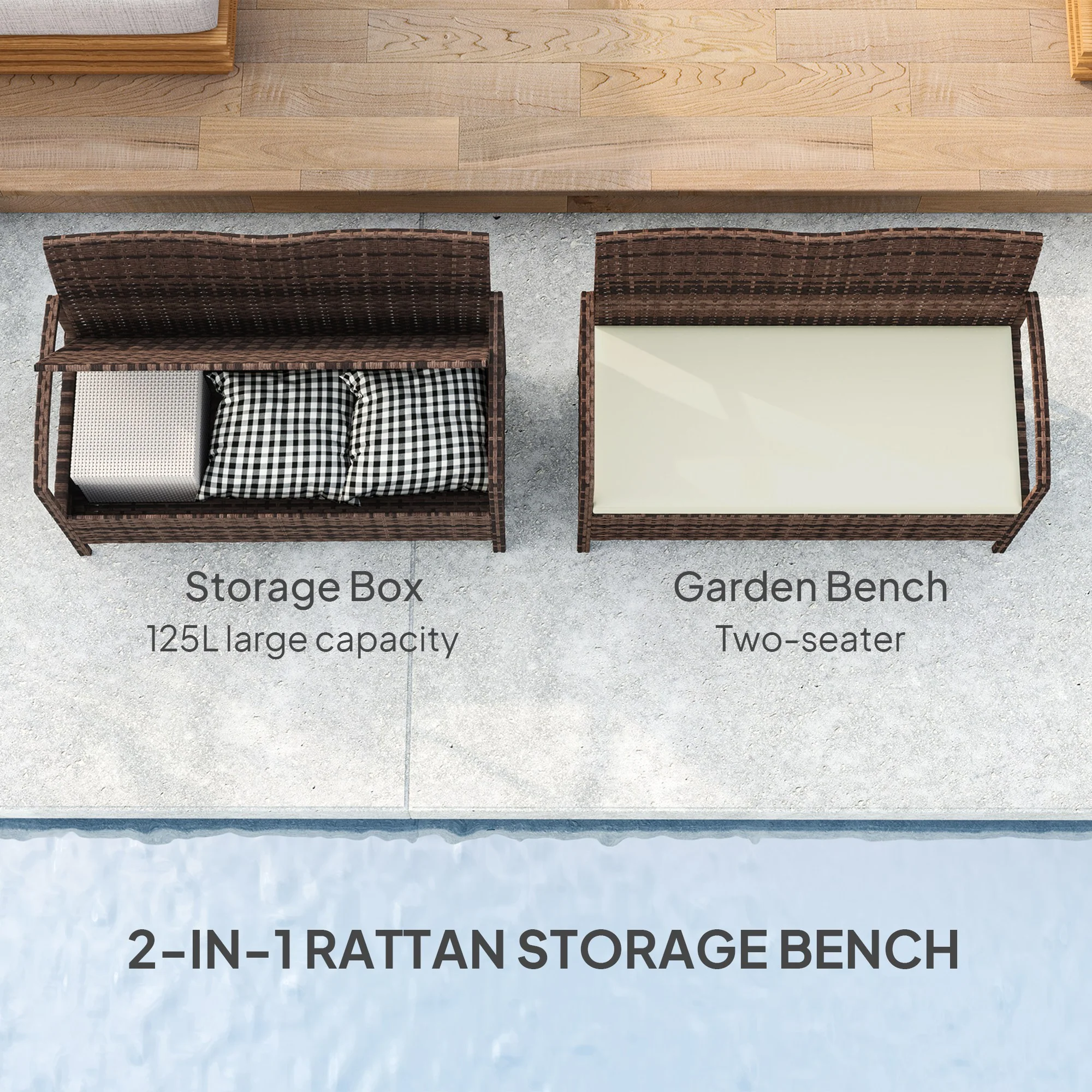 Outsunny Rattan Garden Bench W/ 125L Storage, Cushioned Outdoor Bench - Image 3