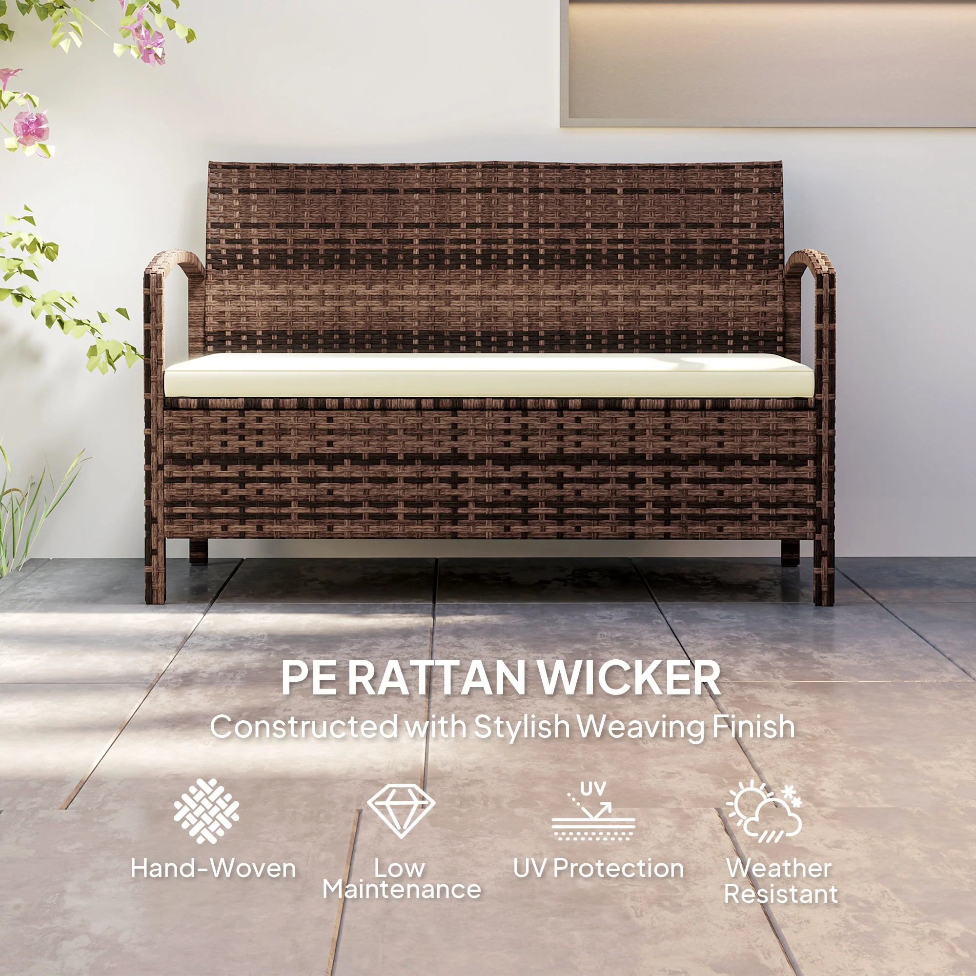 Outsunny Rattan Garden Bench W/ 125L Storage, Cushioned Outdoor Bench - Image 4