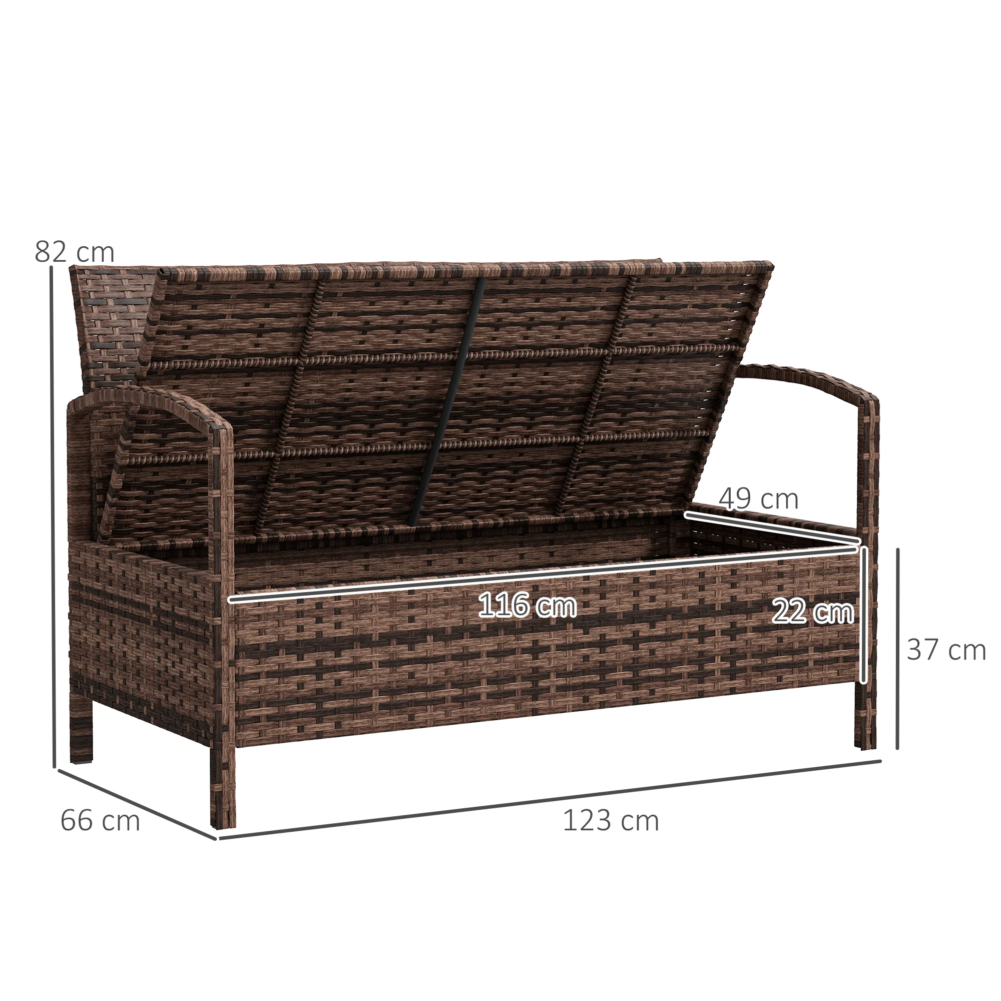 Outsunny Rattan Garden Bench W/ 125L Storage, Cushioned Outdoor Bench - Image 5