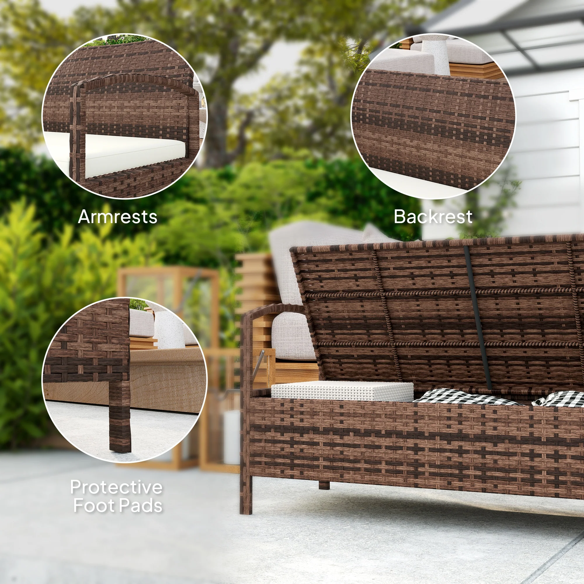 Outsunny Rattan Garden Bench W/ 125L Storage, Cushioned Outdoor Bench - Image 7