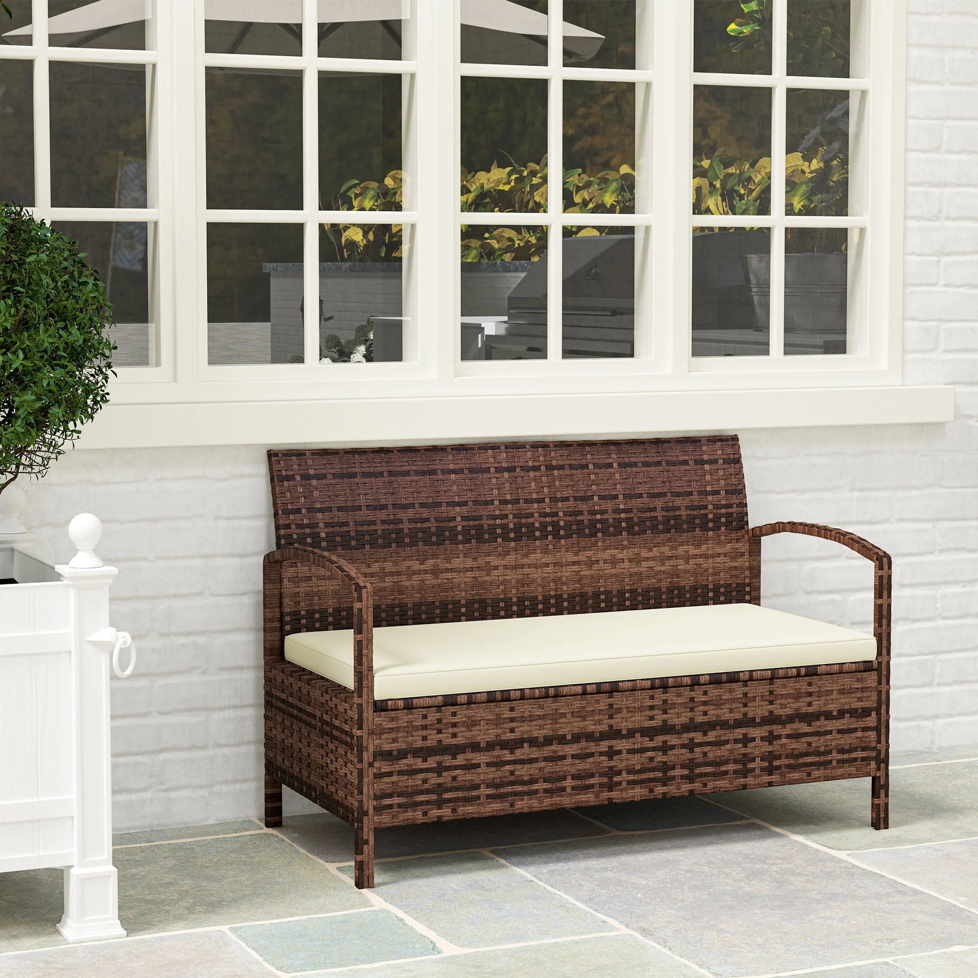 Outsunny Rattan Garden Bench W/ 125L Storage, Cushioned Outdoor Bench - Image 8
