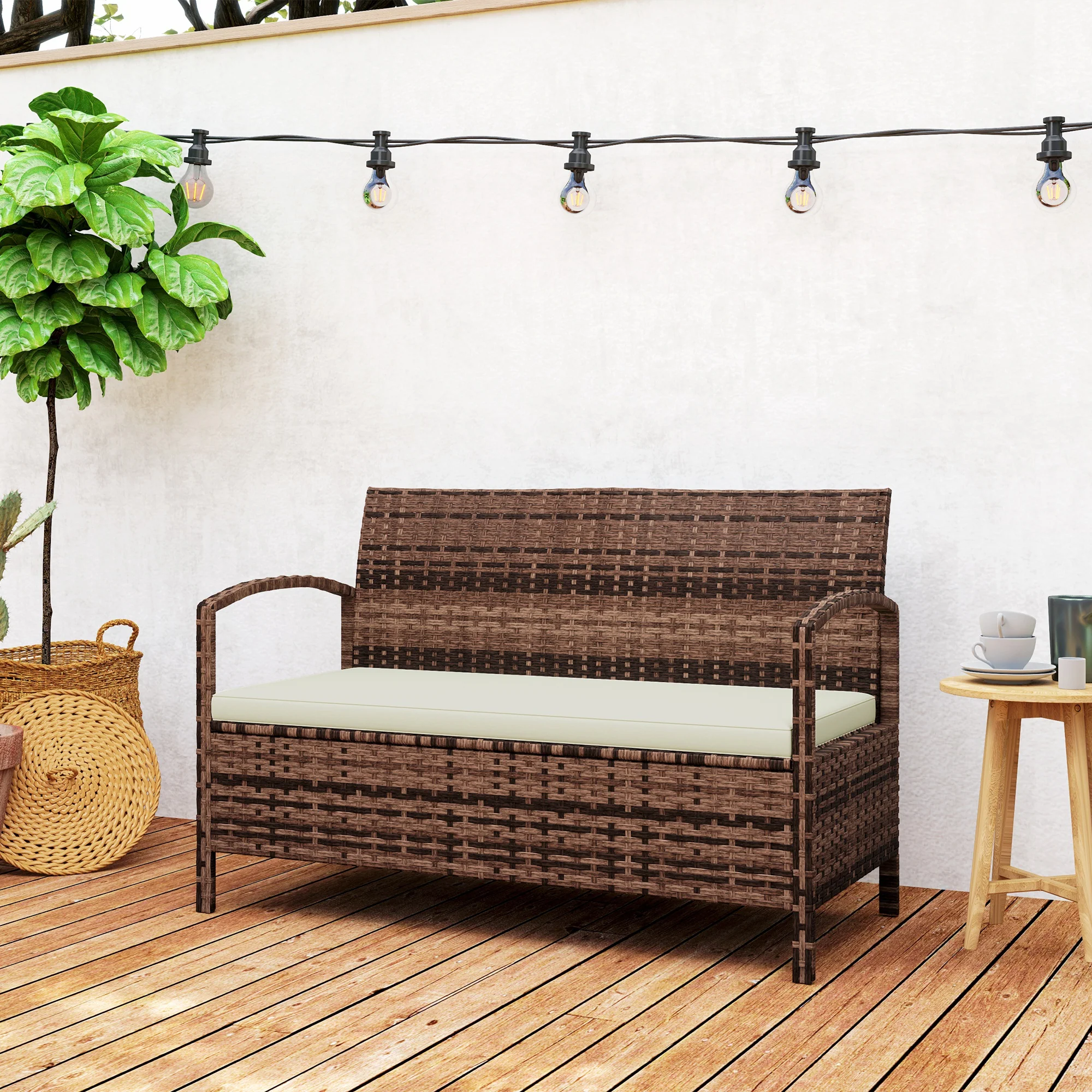 Outsunny Rattan Garden Bench W/ 125L Storage, Cushioned Outdoor Bench - Image 9