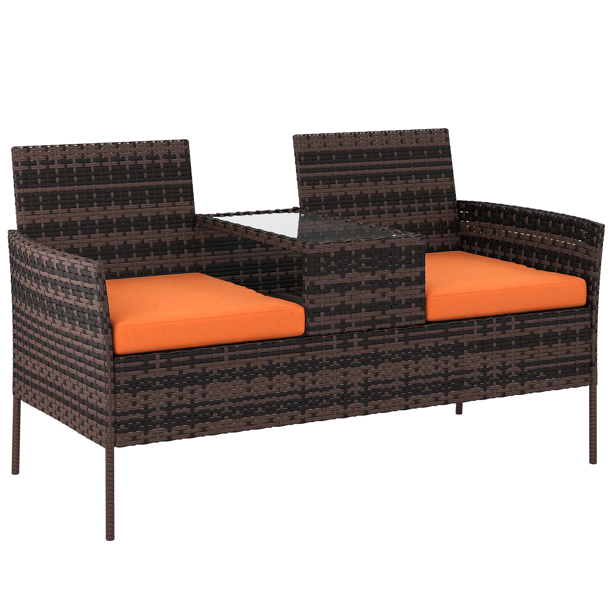 Outsunny Rattan Garden Bench w/ Glass Tea Table, Wicker Chair w/ Cushions