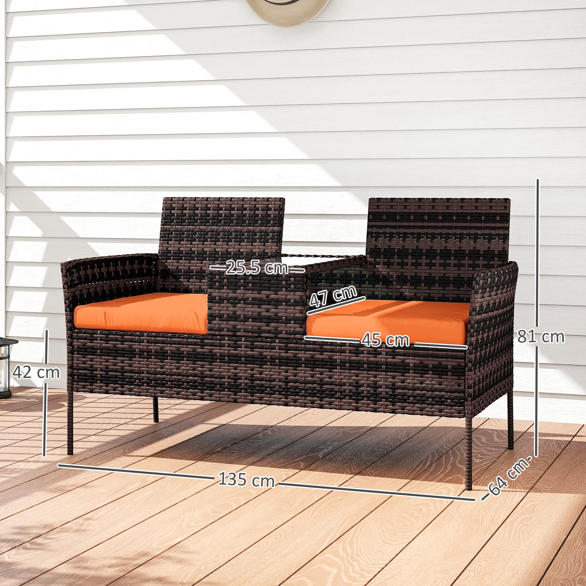 Outsunny Rattan Garden Bench w/ Glass Tea Table, Wicker Chair w/ Cushions - Image 3