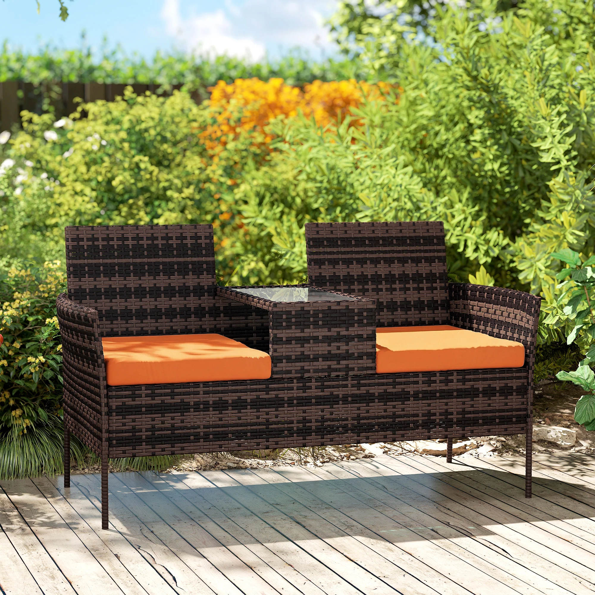Outsunny Rattan Garden Bench w/ Glass Tea Table, Wicker Chair w/ Cushions - Image 9